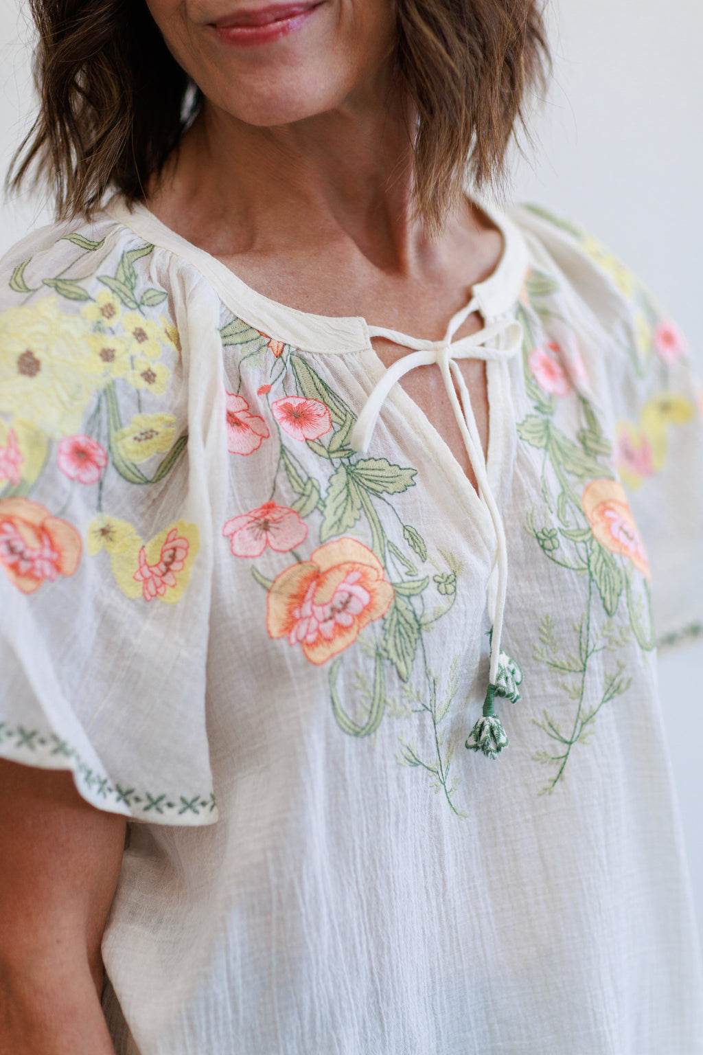 Cream Embroidered Boho Tassel Top