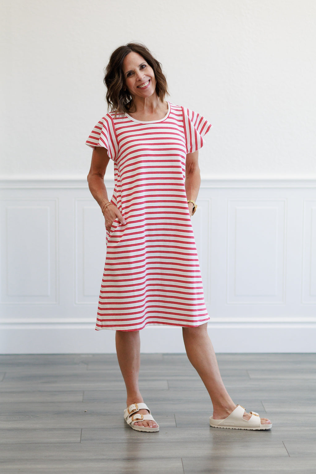 Striped Ruffle Sleeve Dress in Red