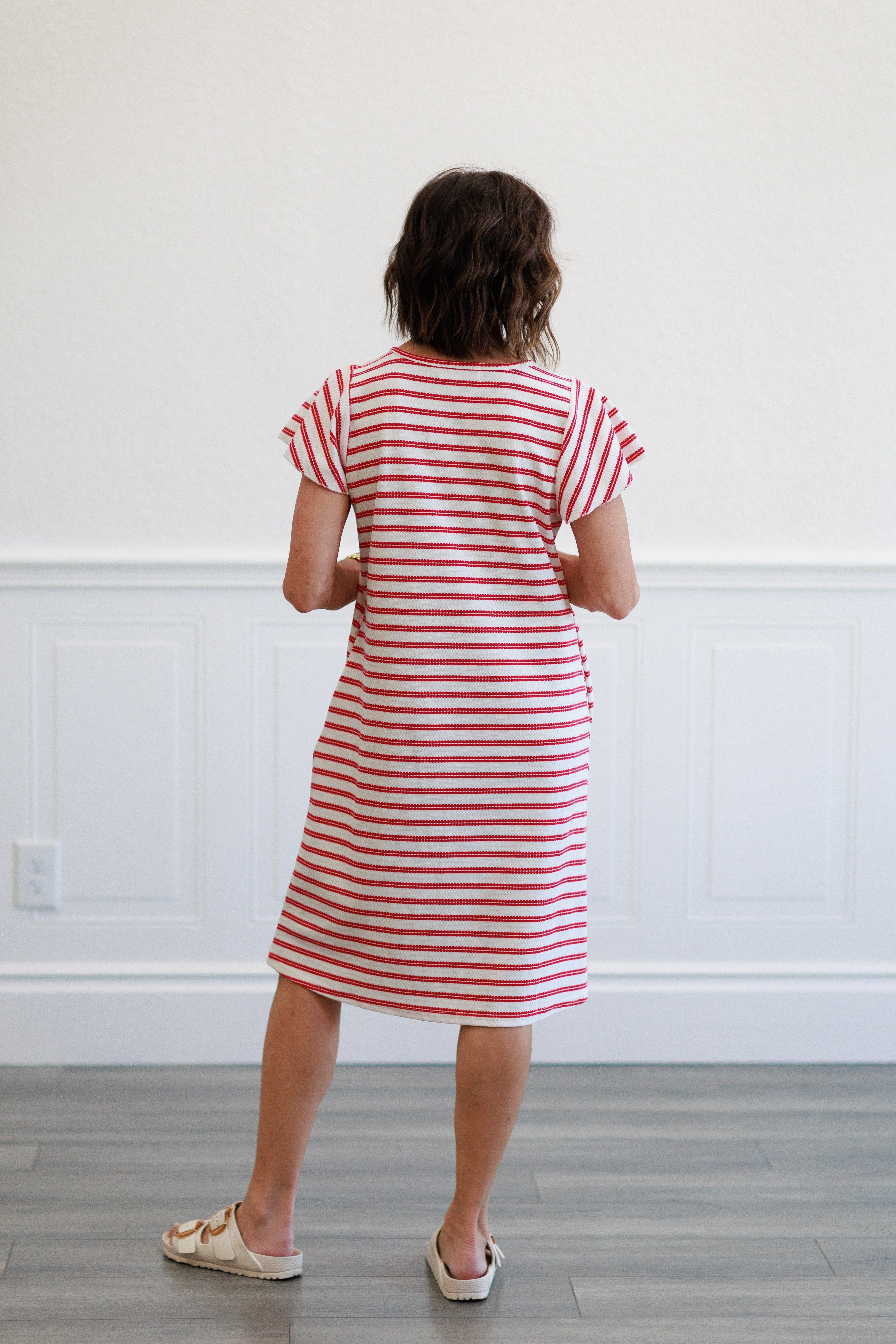 Striped Ruffle Sleeve Dress in Red