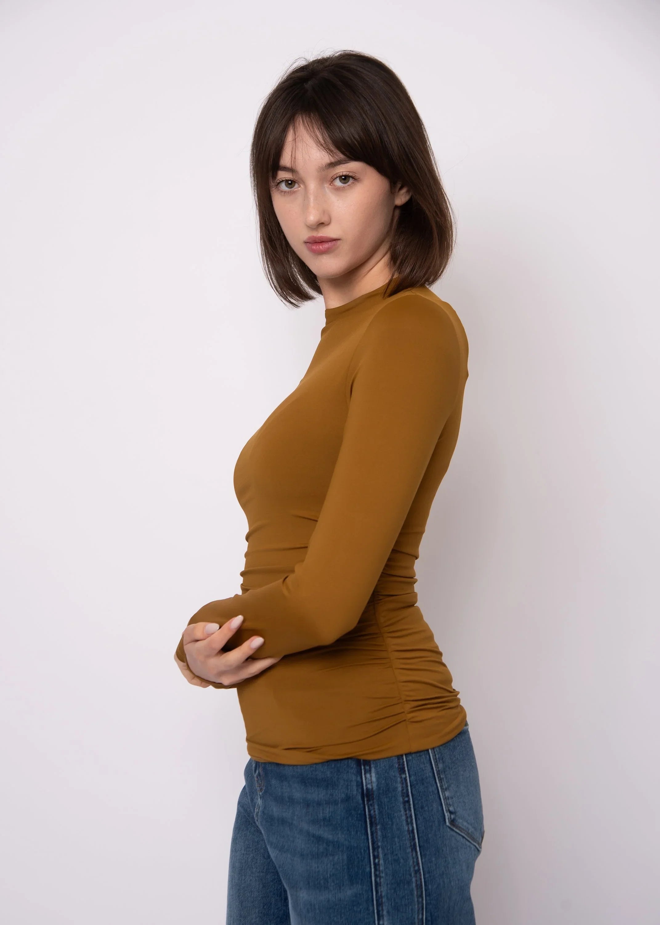Second Skin Funnel Neck Ruched Top