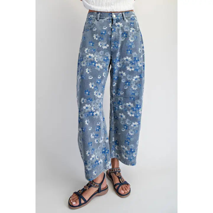 Denim Floral Wide Leg Jeans