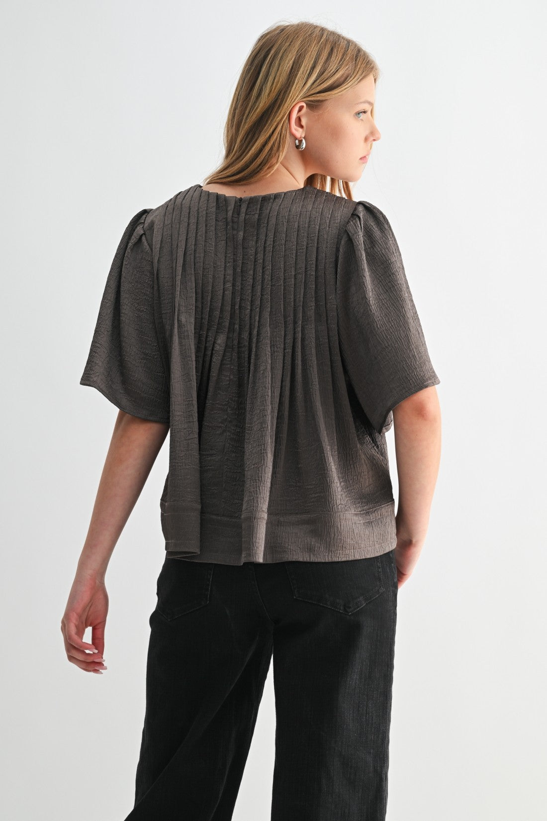 Texture Satin Pin Tuck Detail Blouse in Brown
