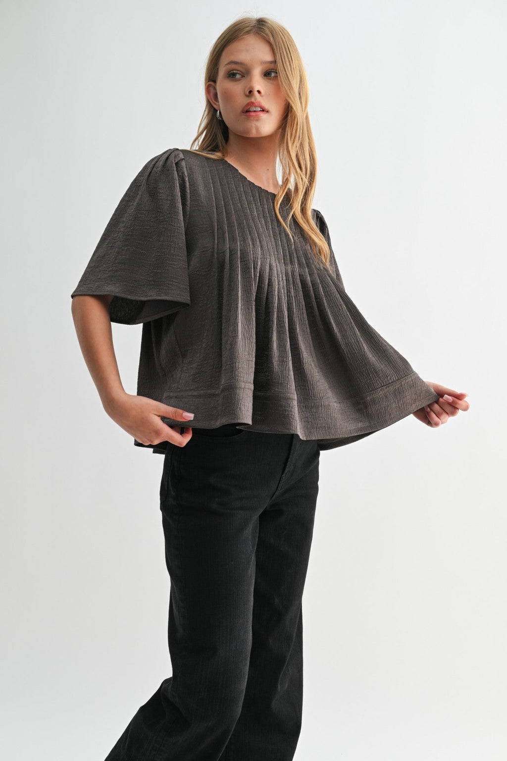 Texture Satin Pin Tuck Detail Blouse in Brown