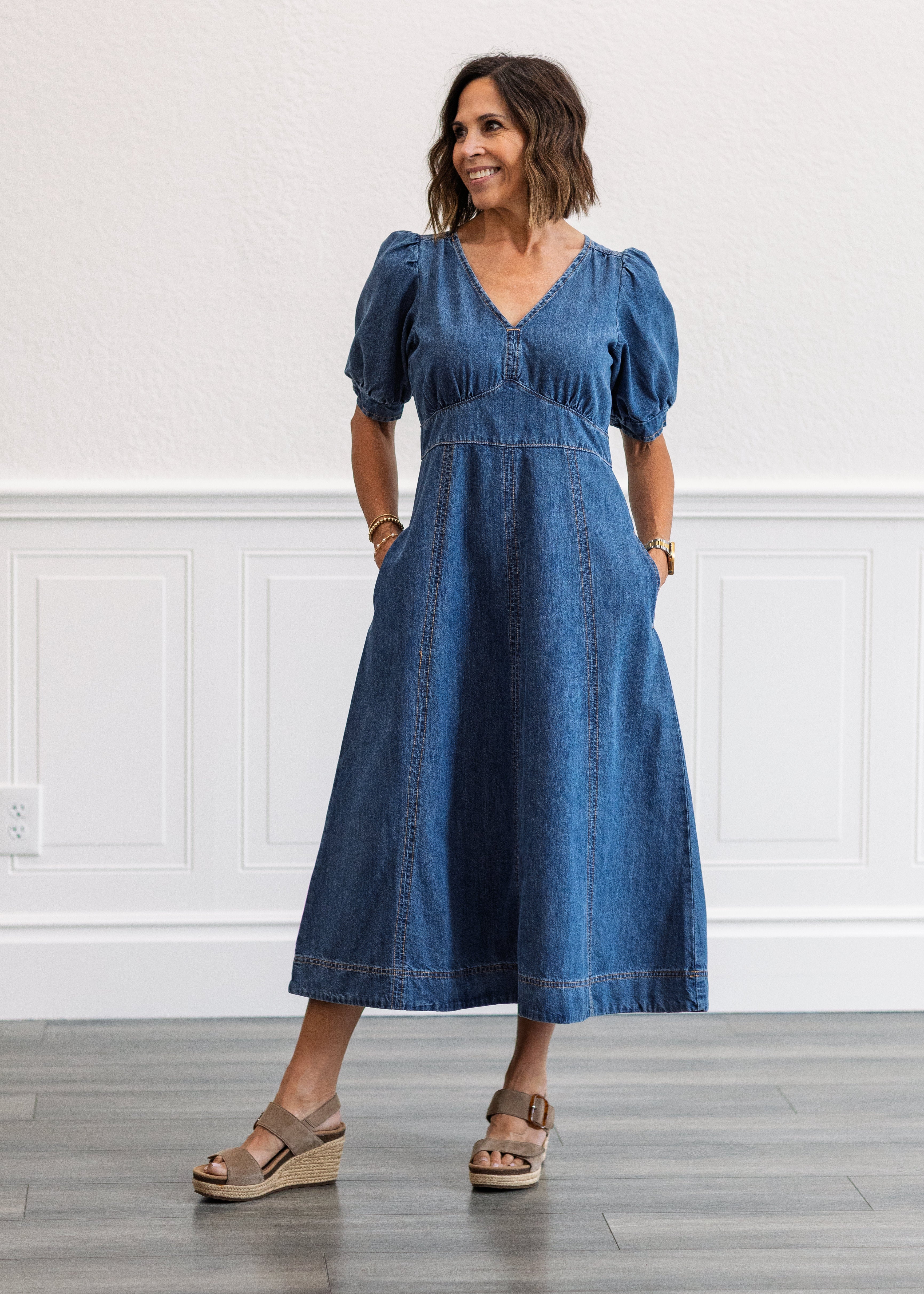 Cotton Denim Puff Sleeve Midi Dress