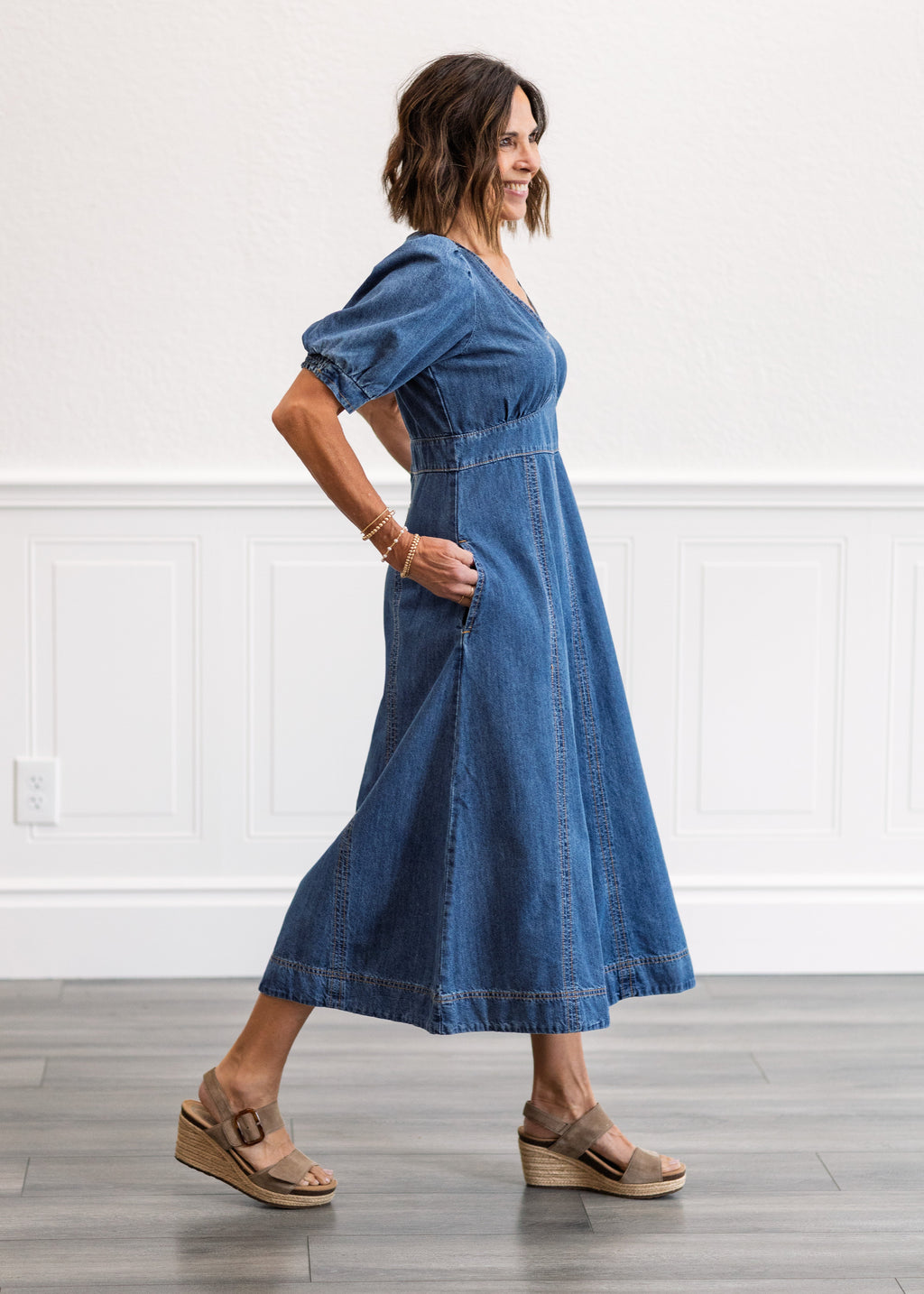 Cotton Denim Puff Sleeve Midi Dress