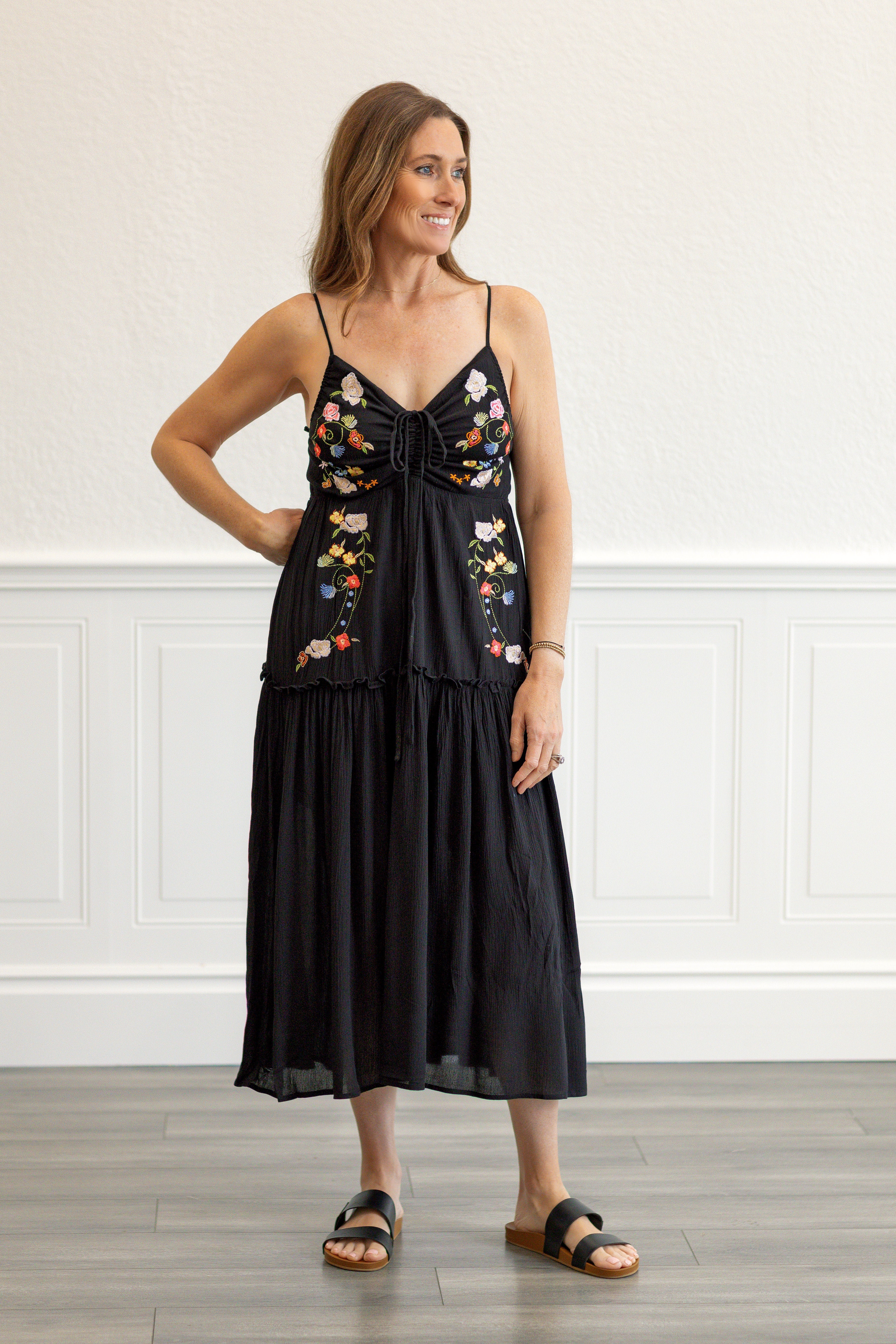 Embroidered Boho Midi Dress in Black