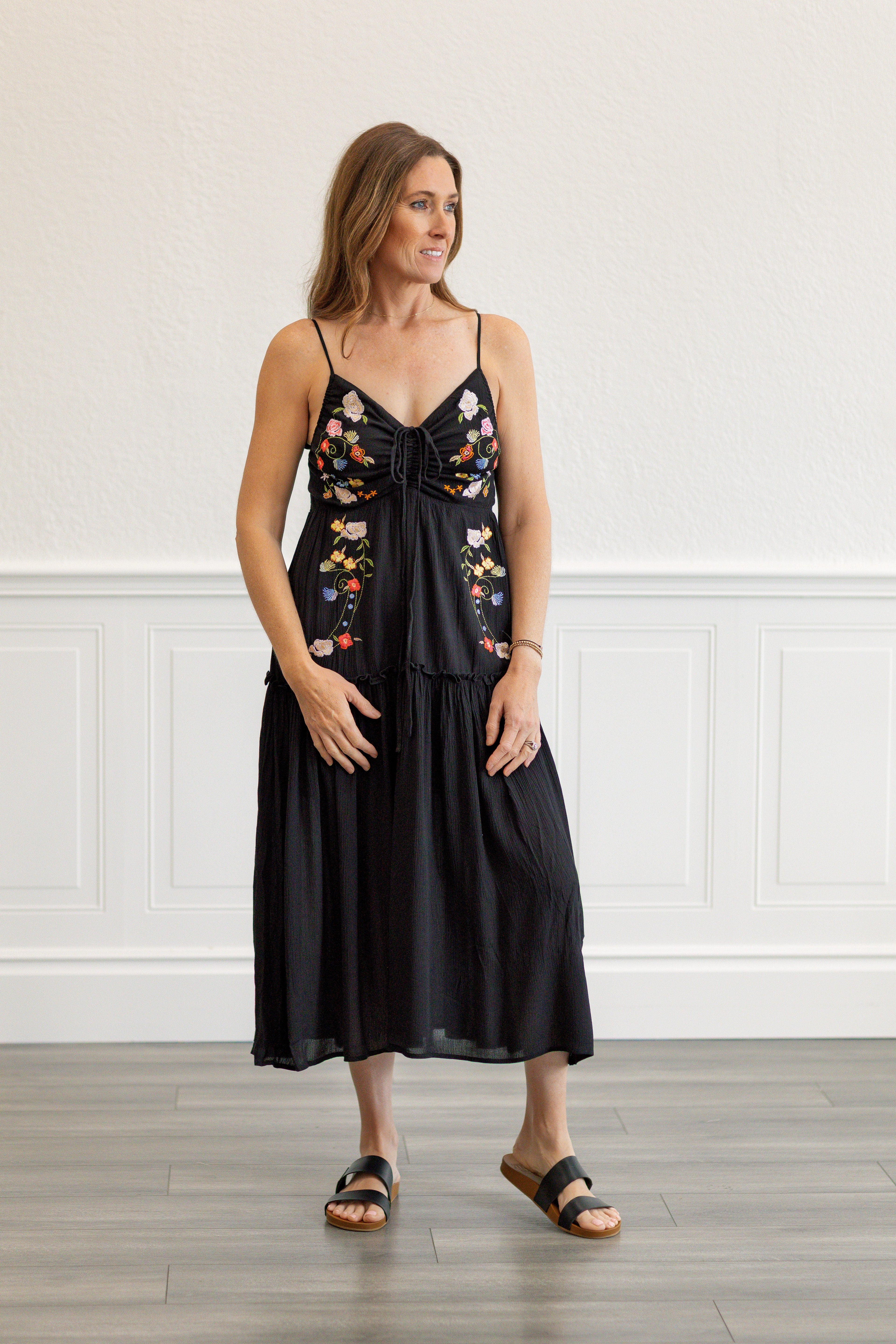 Embroidered Boho Midi Dress in Black