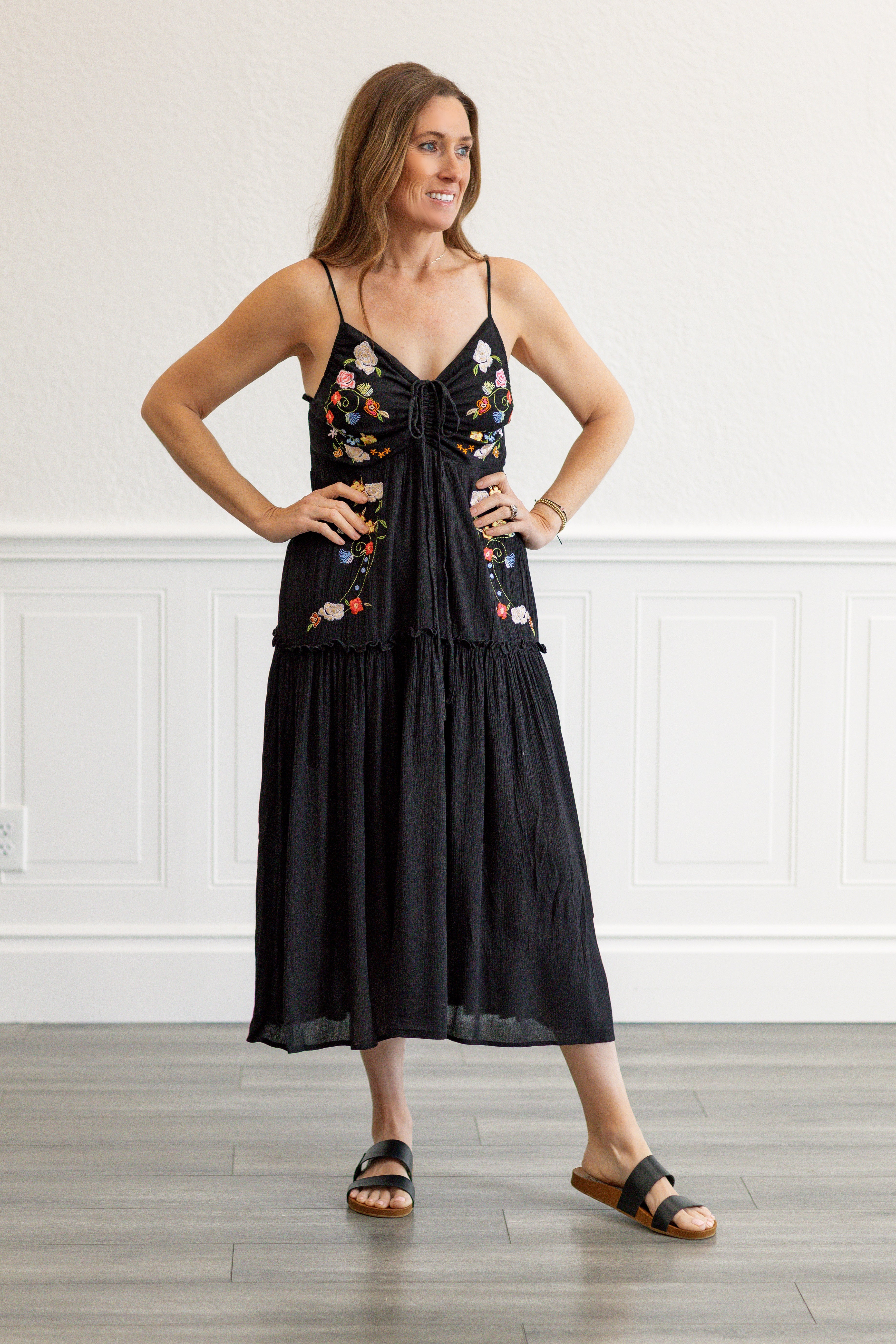 Embroidered Boho Midi Dress in Black