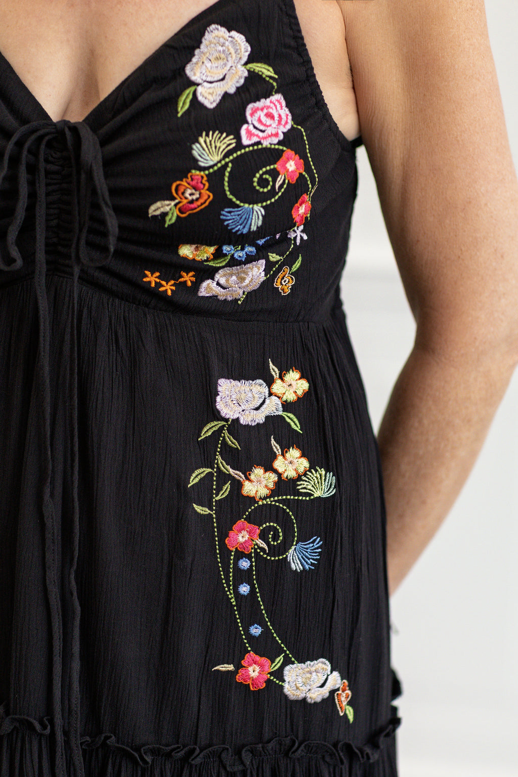 Embroidered Boho Midi Dress in Black