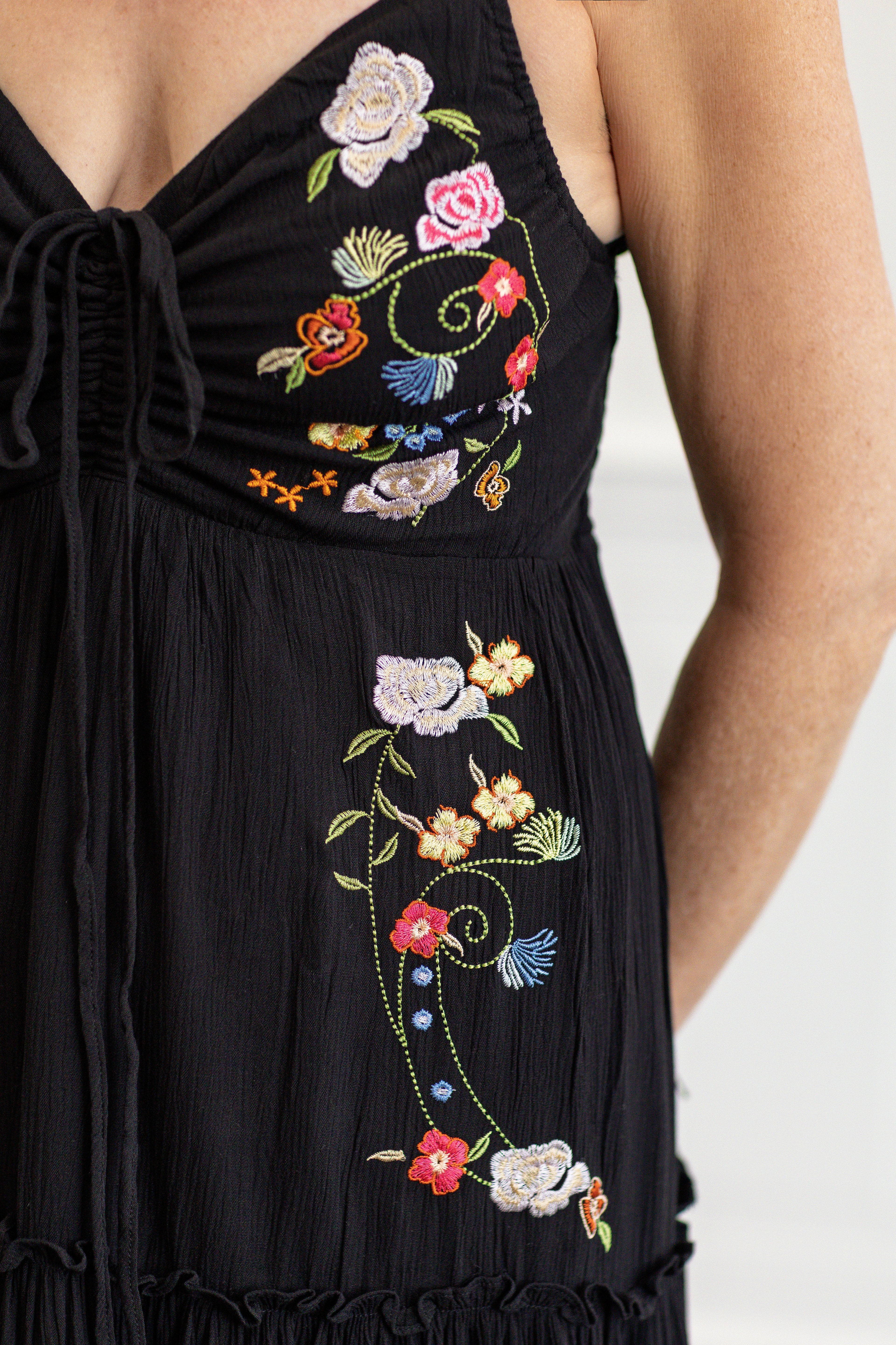 Embroidered Boho Midi Dress in Black