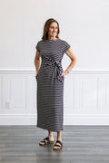 Striped Side Tie Midi Dress in Black