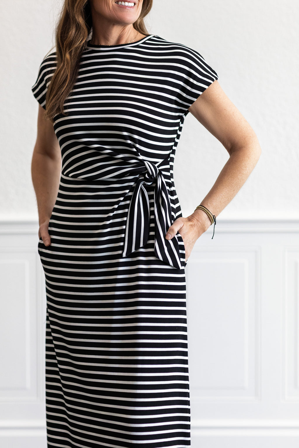 Striped Side Tie Midi Dress in Black