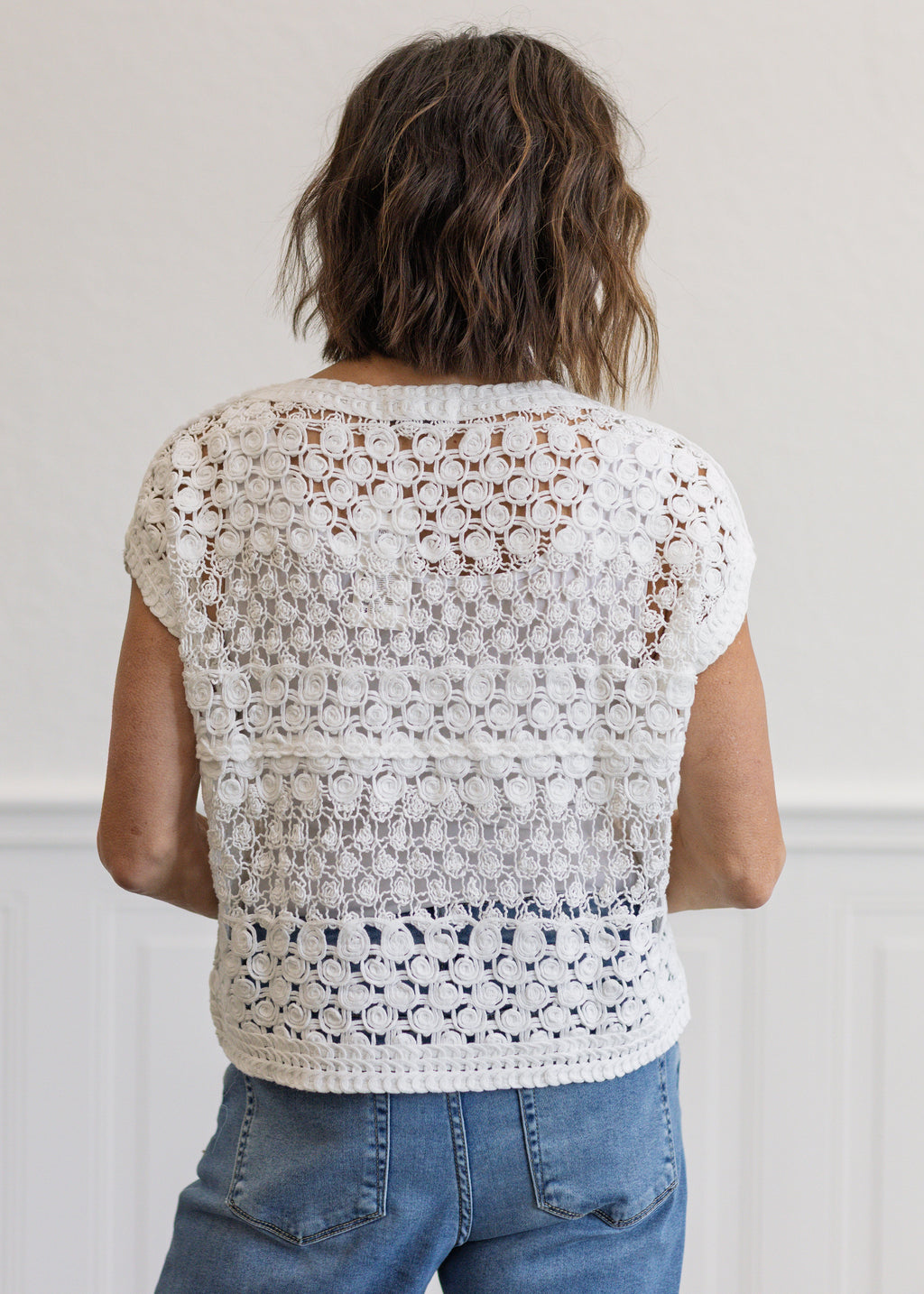 Crochet Knit Short Sleeve Crop Top in White