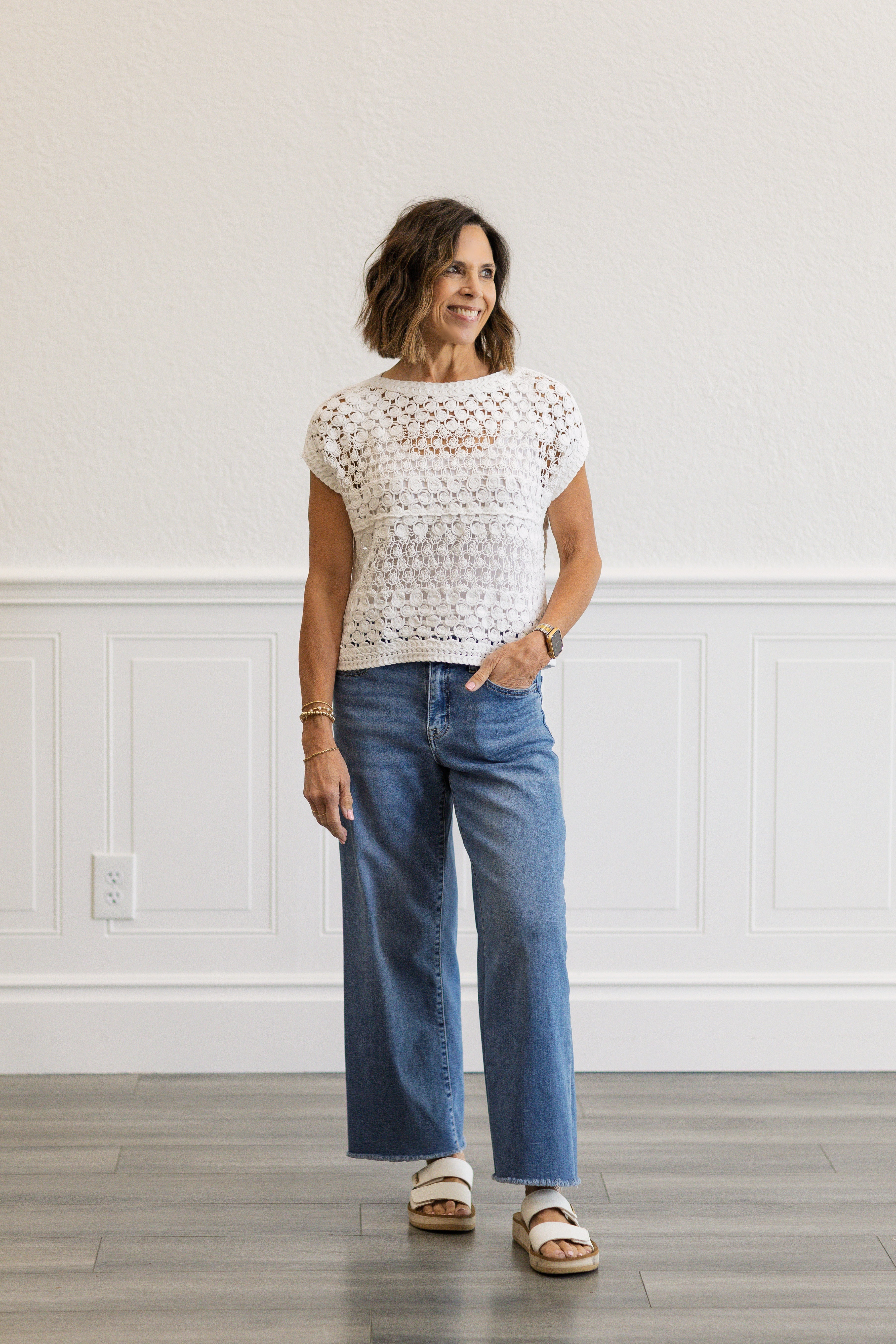 Crochet Knit Short Sleeve Crop Top in White