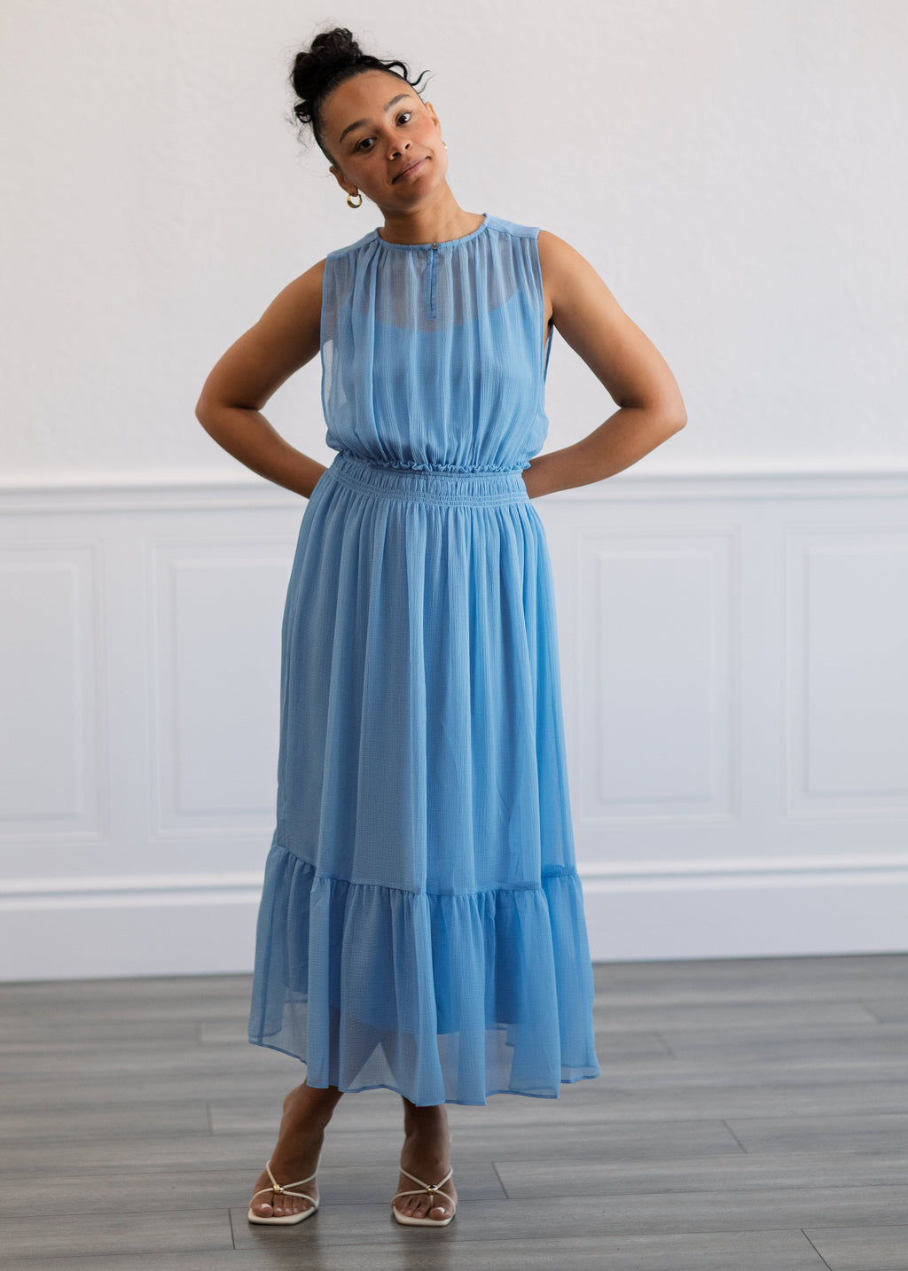 Sheer Gathered Midi Dress in Blue
