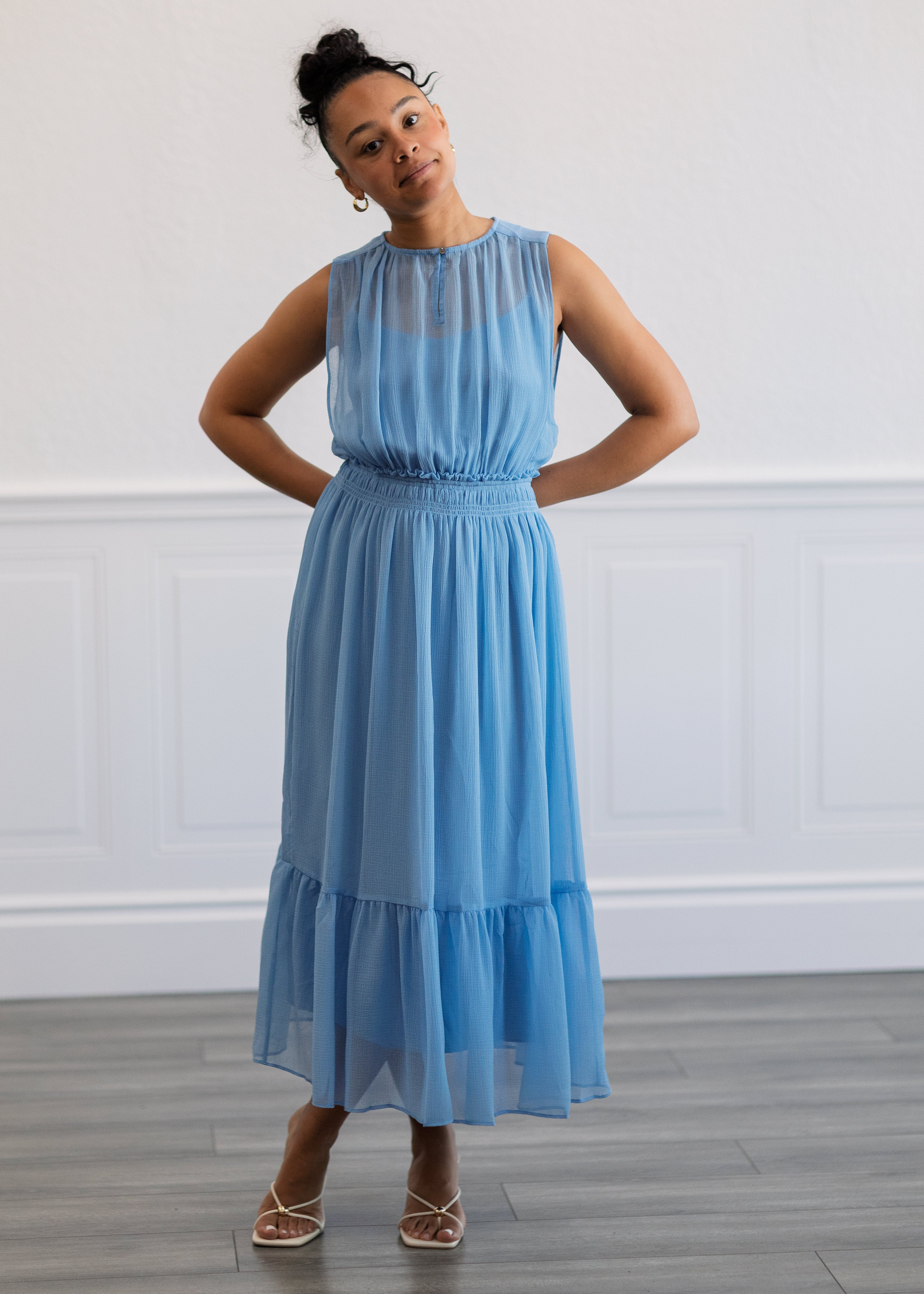 Sheer Gathered Midi Dress in Blue