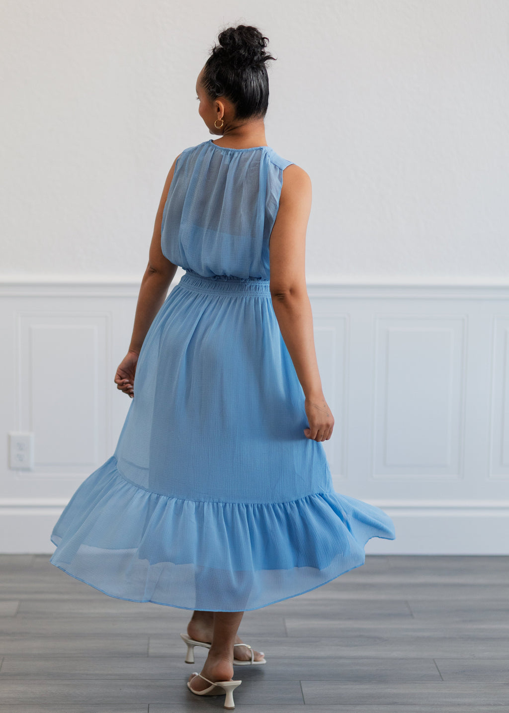 Sheer Gathered Midi Dress in Blue