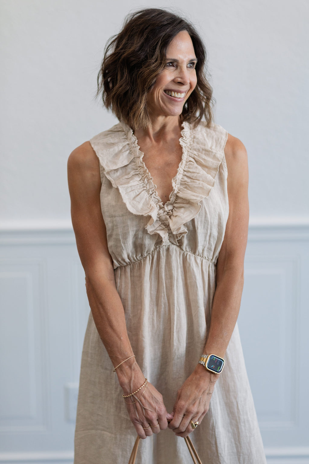 Ruffle Sleeveless Linen Midi Dress in Beige