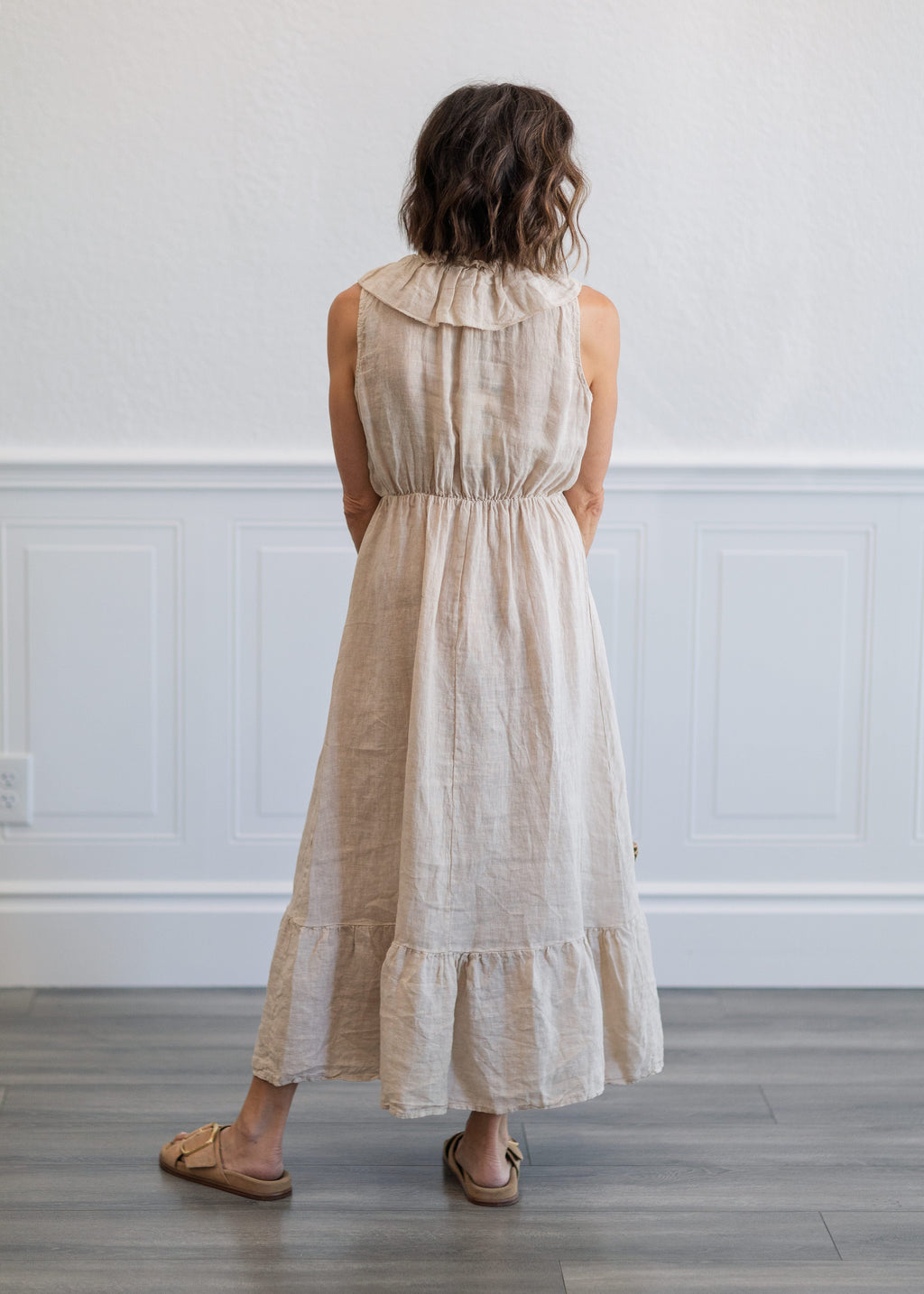 Ruffle Sleeveless Linen Midi Dress in Beige