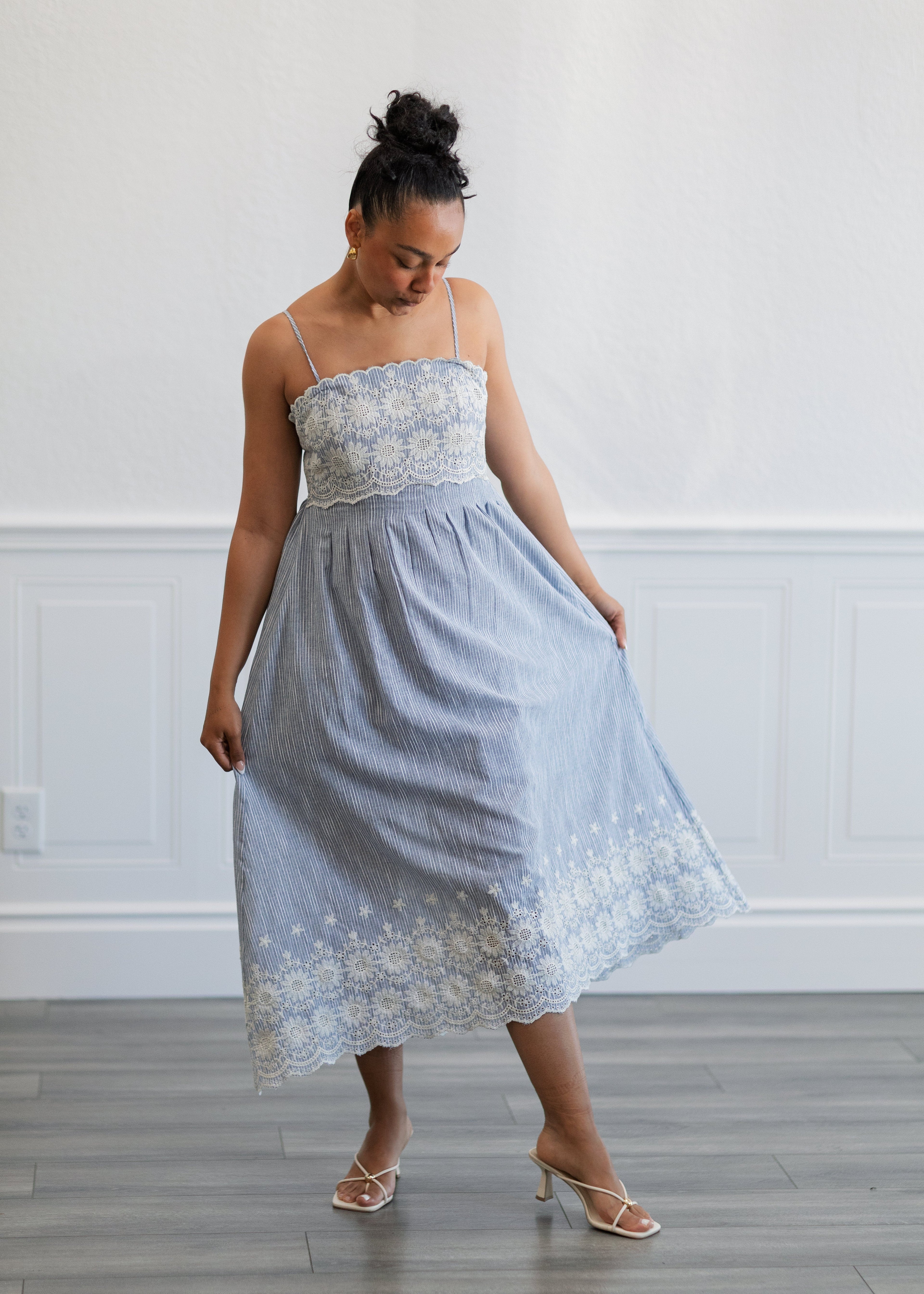 Pinstripe Midi Dress in Light Blue