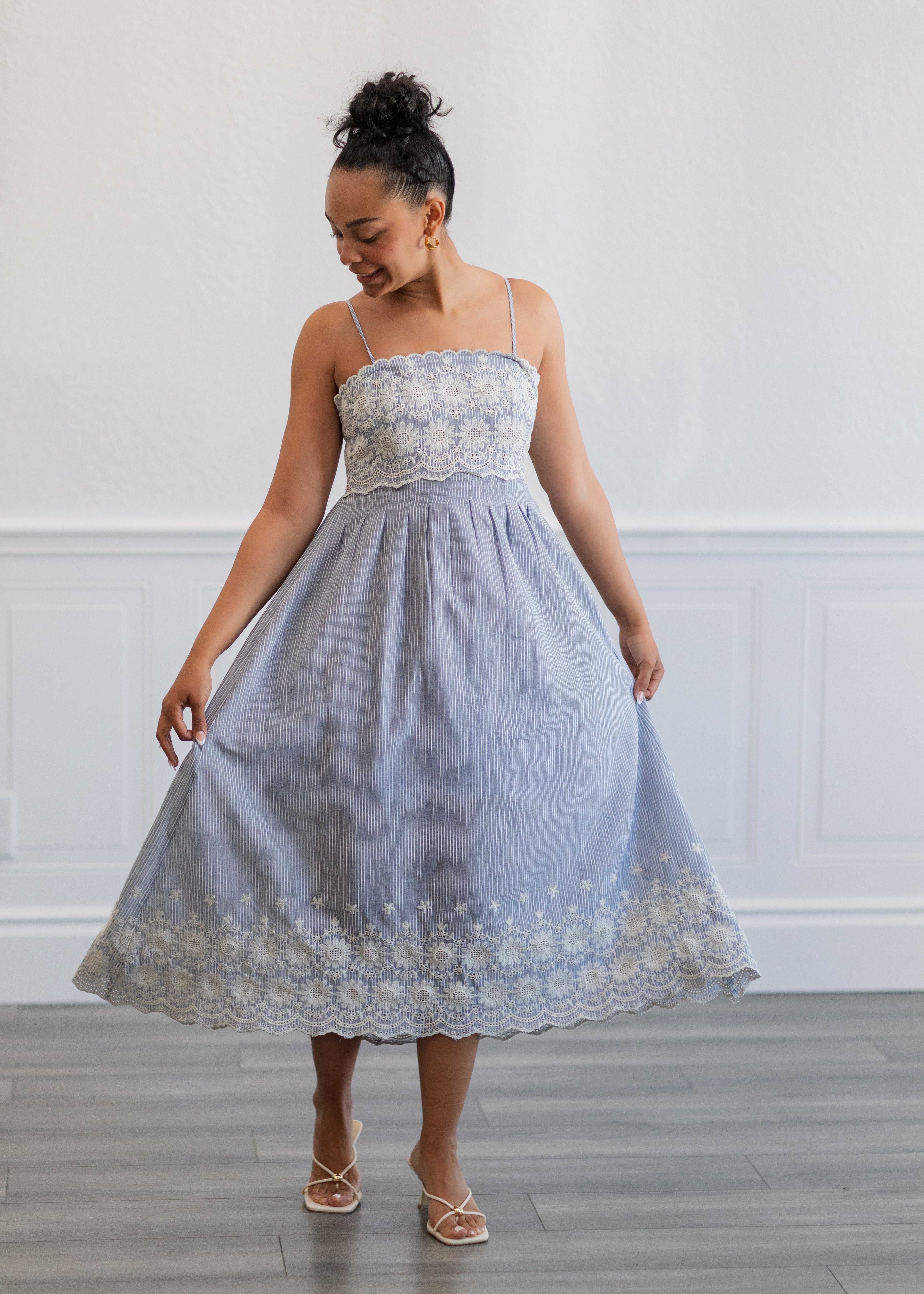 Pinstripe Midi Dress in Light Blue