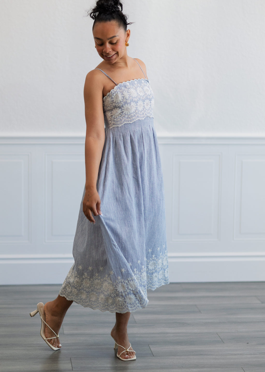 Pinstripe Midi Dress in Light Blue