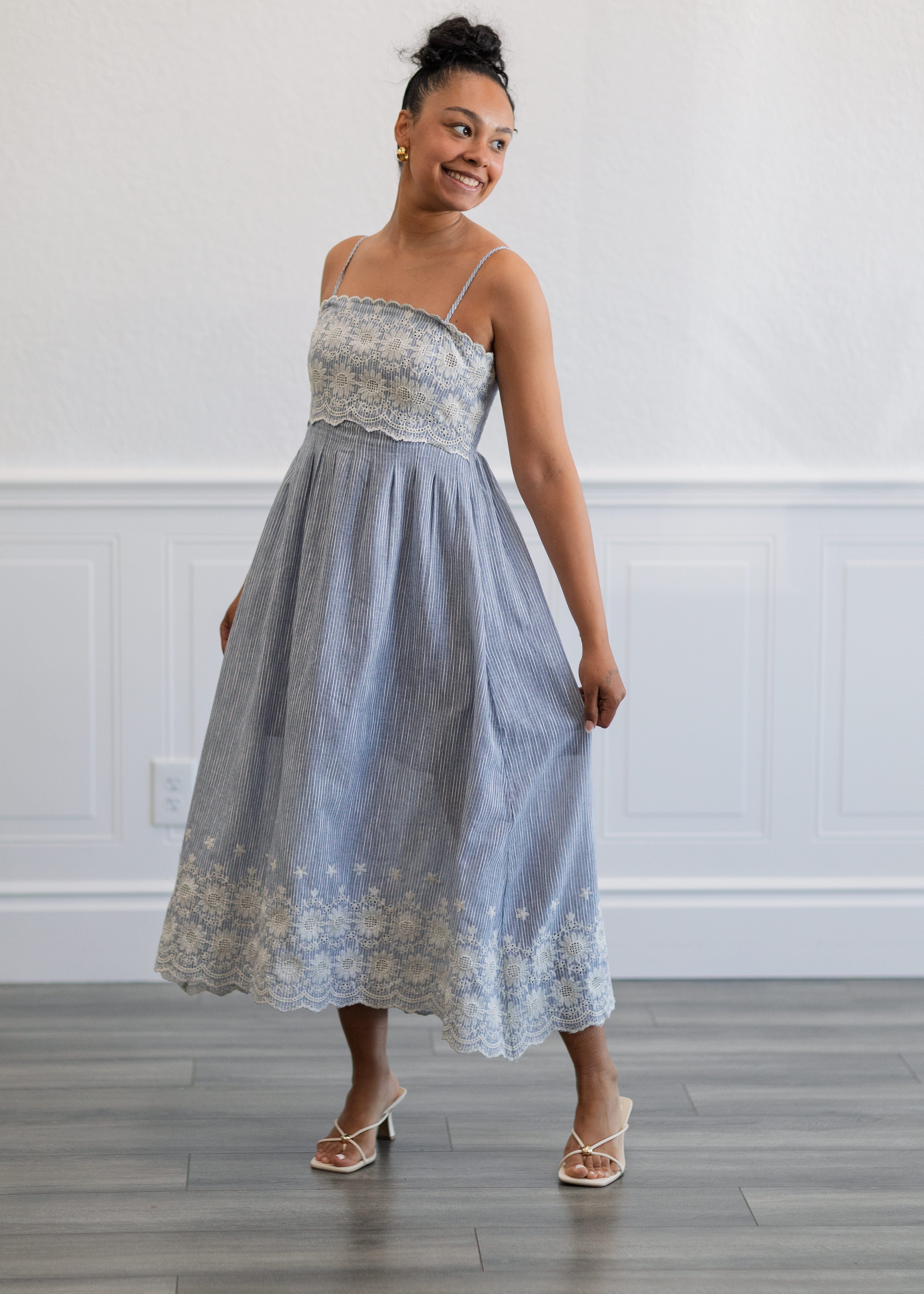 Pinstripe Midi Dress in Light Blue