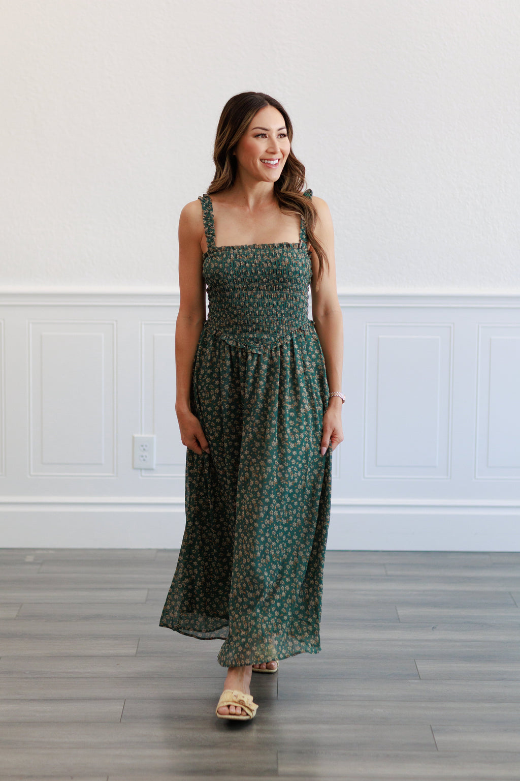 Floral Smocked Bodice Midi Dress in  Agave Green