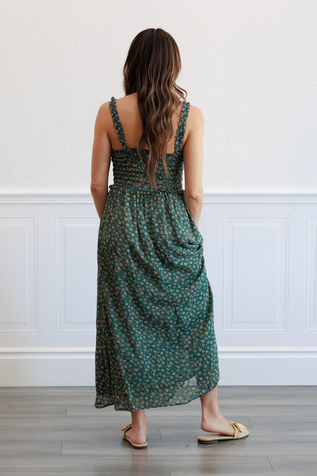 Floral Smocked Bodice Midi Dress in  Agave Green
