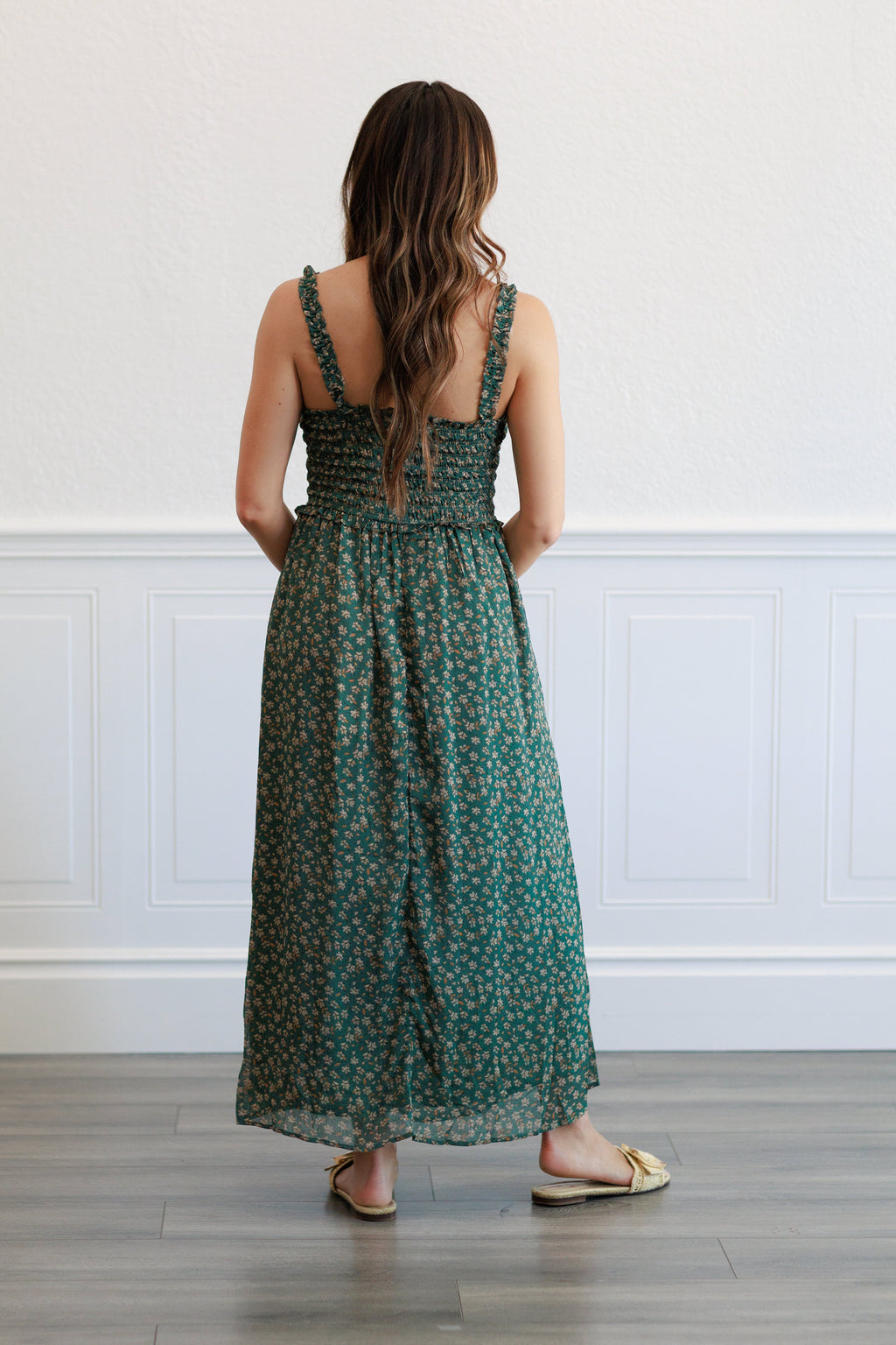 Floral Smocked Bodice Midi Dress in  Agave Green