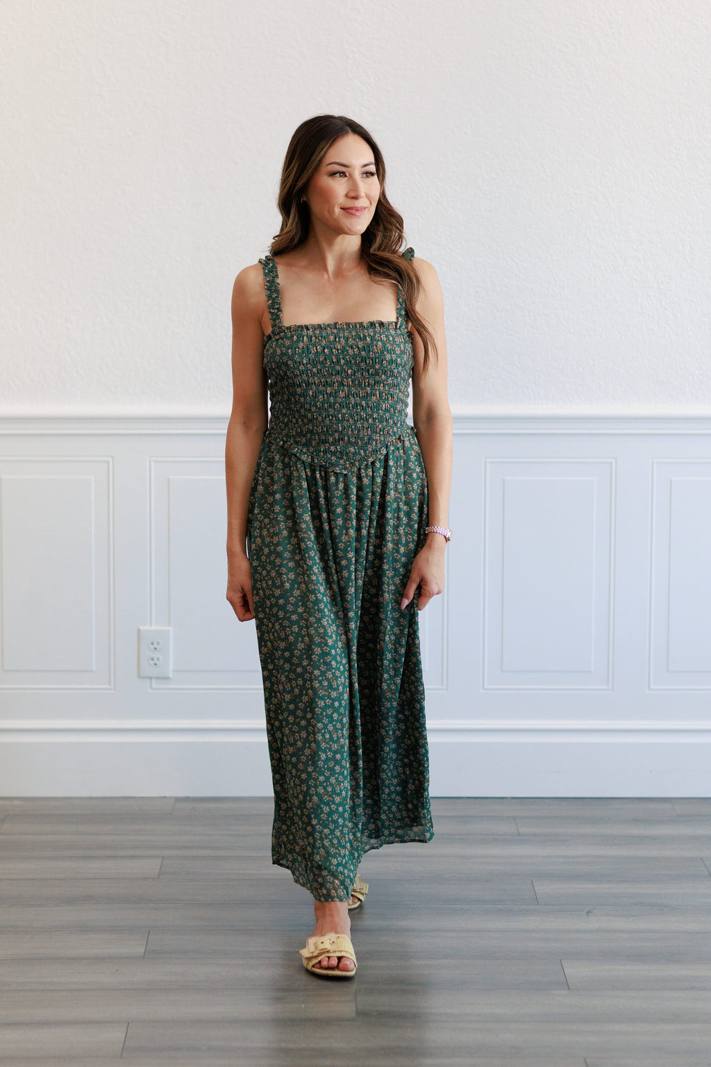 Floral Smocked Bodice Midi Dress in  Agave Green