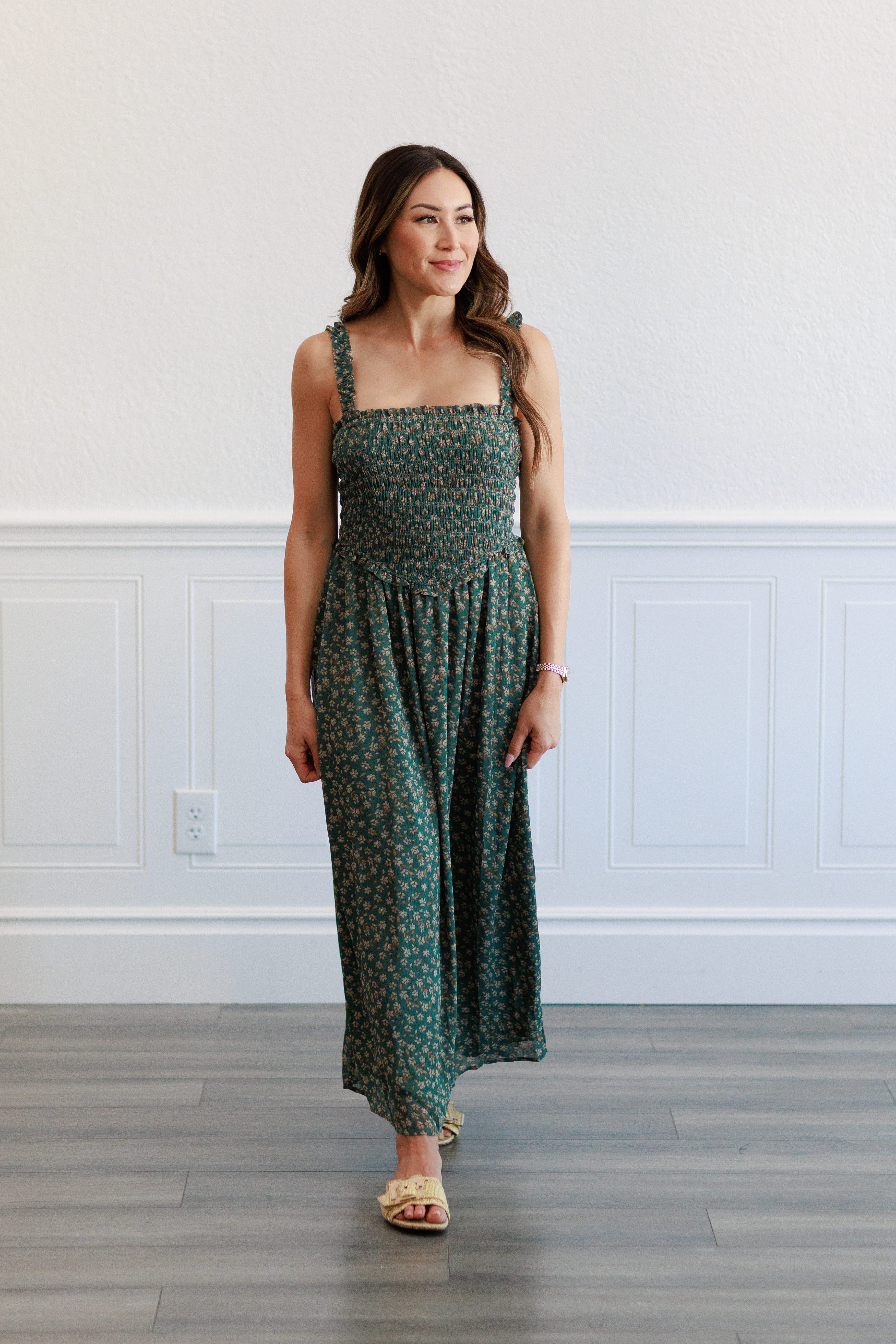 Floral Smocked Bodice Midi Dress in  Agave Green