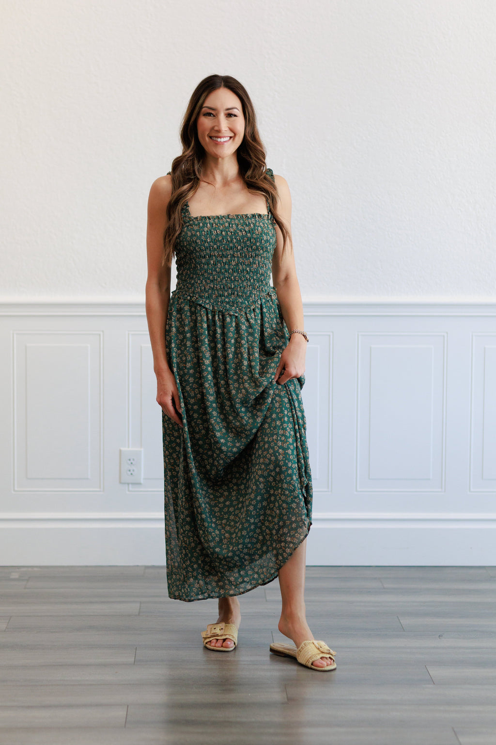 Floral Smocked Bodice Midi Dress in  Agave Green