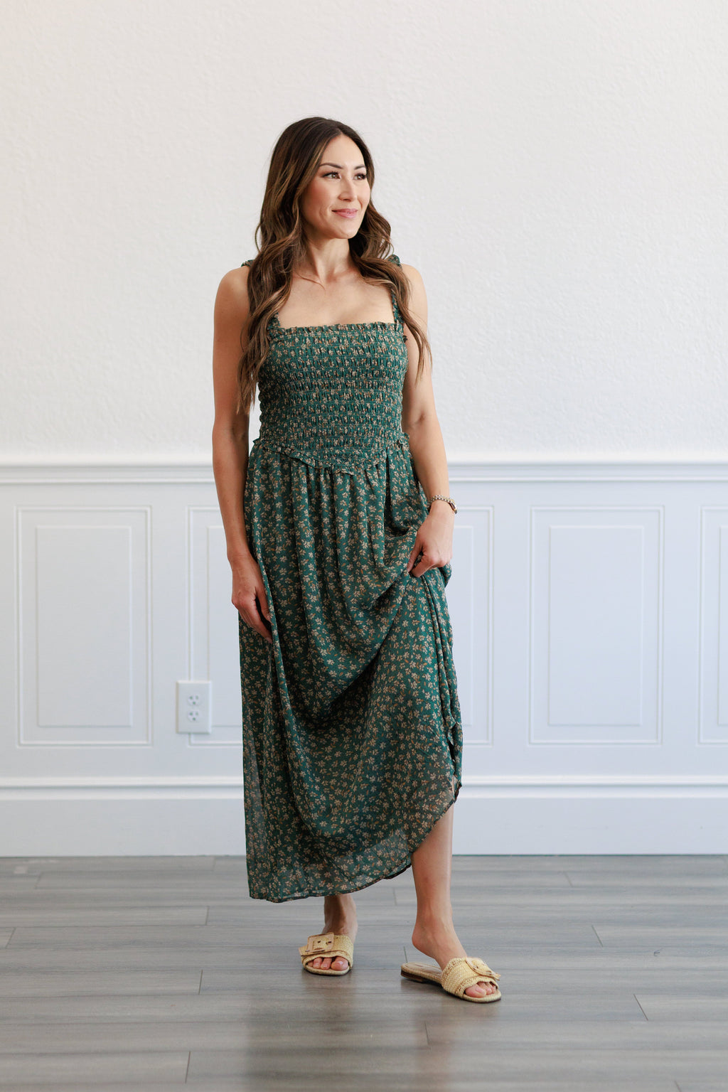 Floral Smocked Bodice Midi Dress in  Agave Green