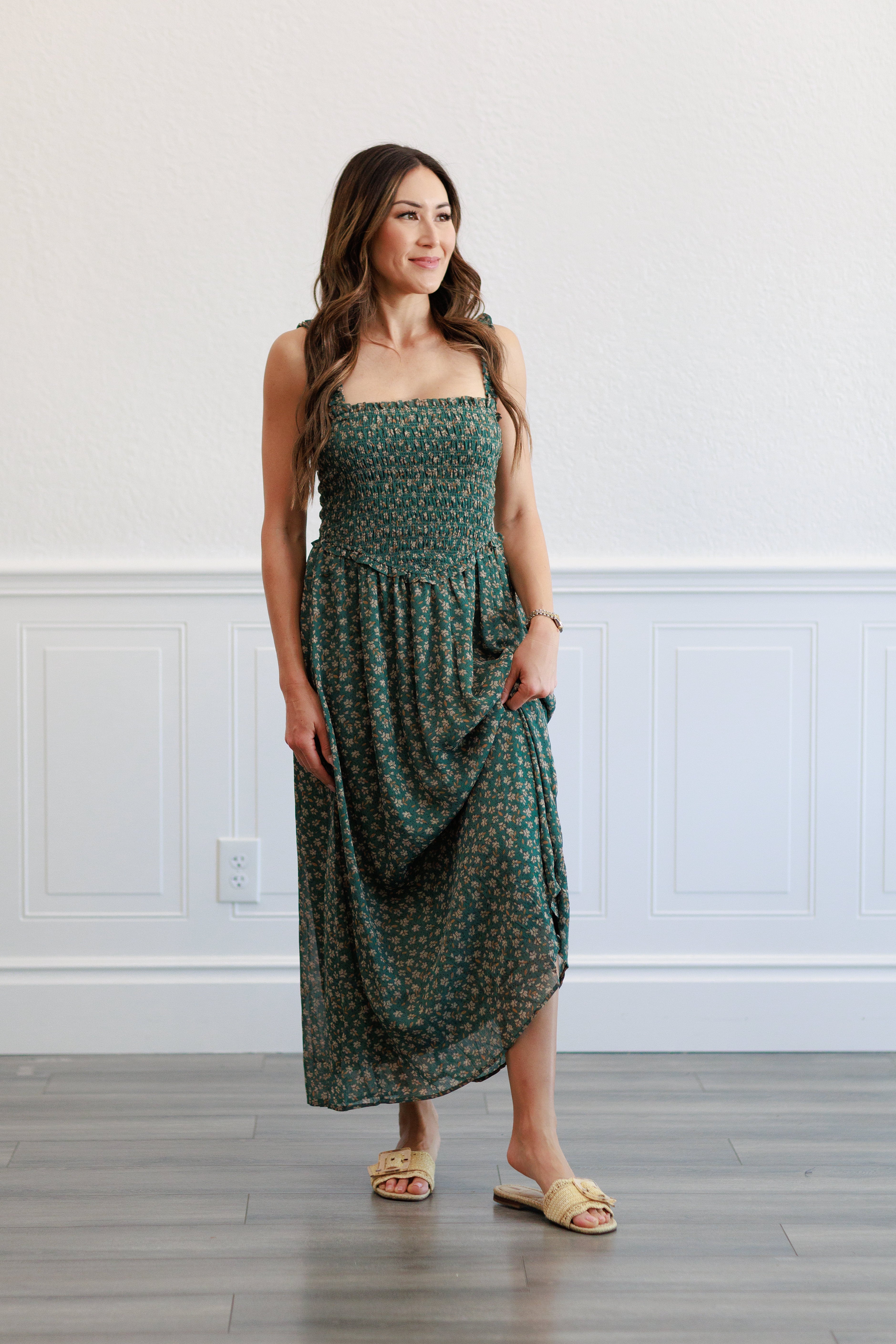 Floral Smocked Bodice Midi Dress in  Agave Green