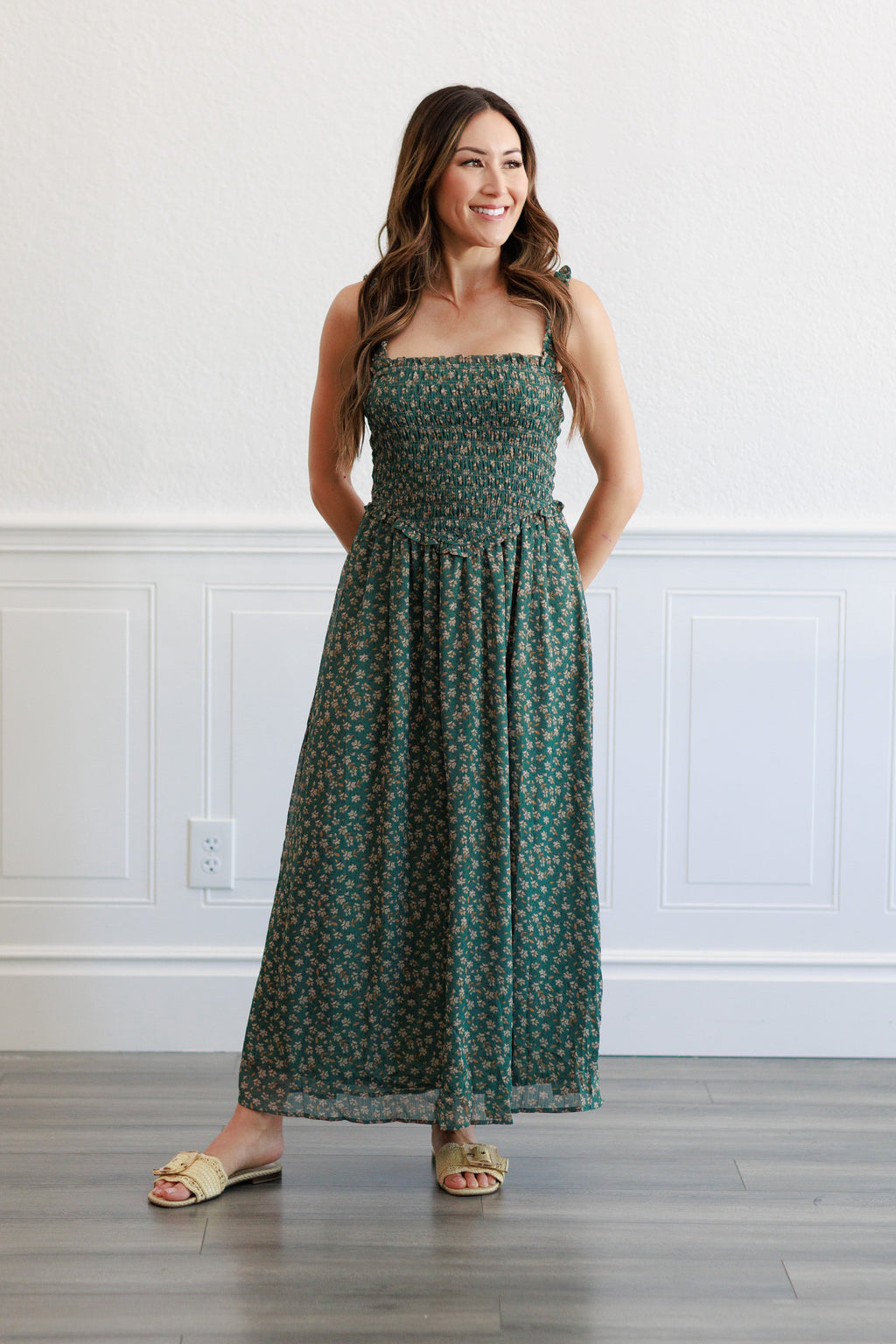 Floral Smocked Bodice Midi Dress in  Agave Green