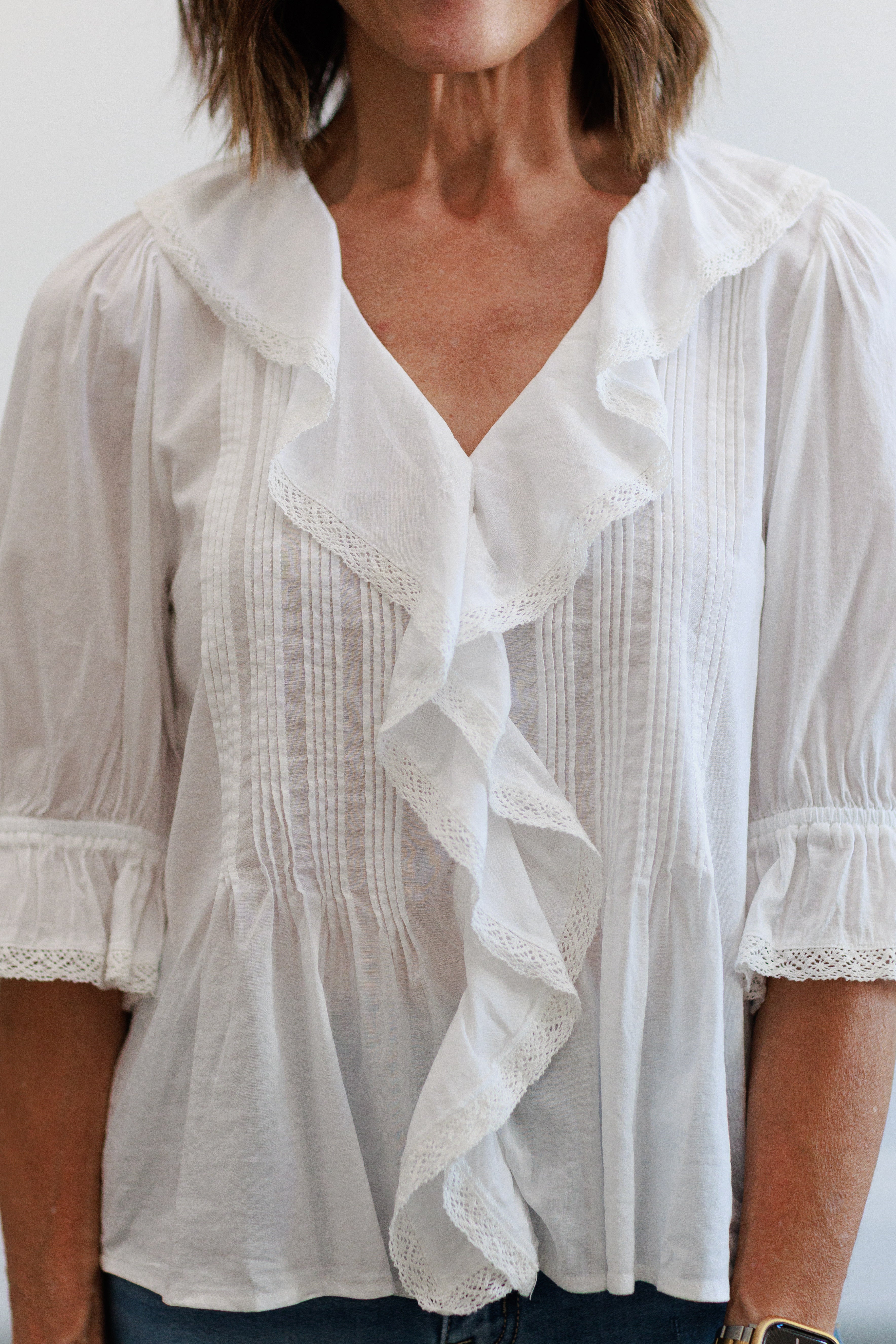Vintage Ruffled Pintuck Top in White