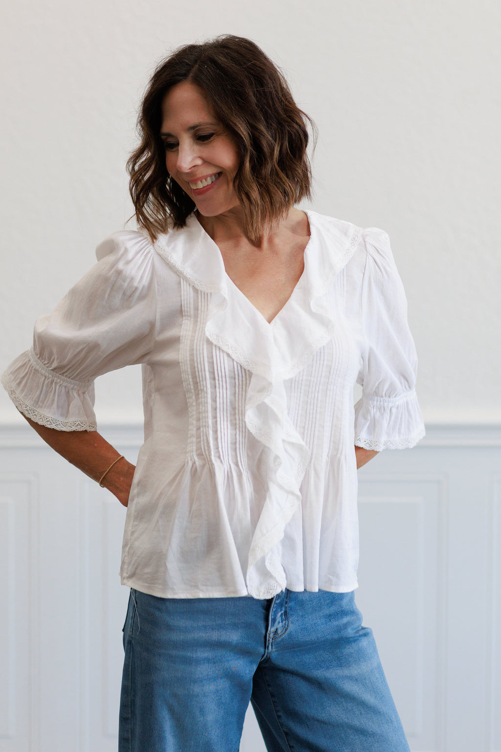 Vintage Ruffled Pintuck Top in White