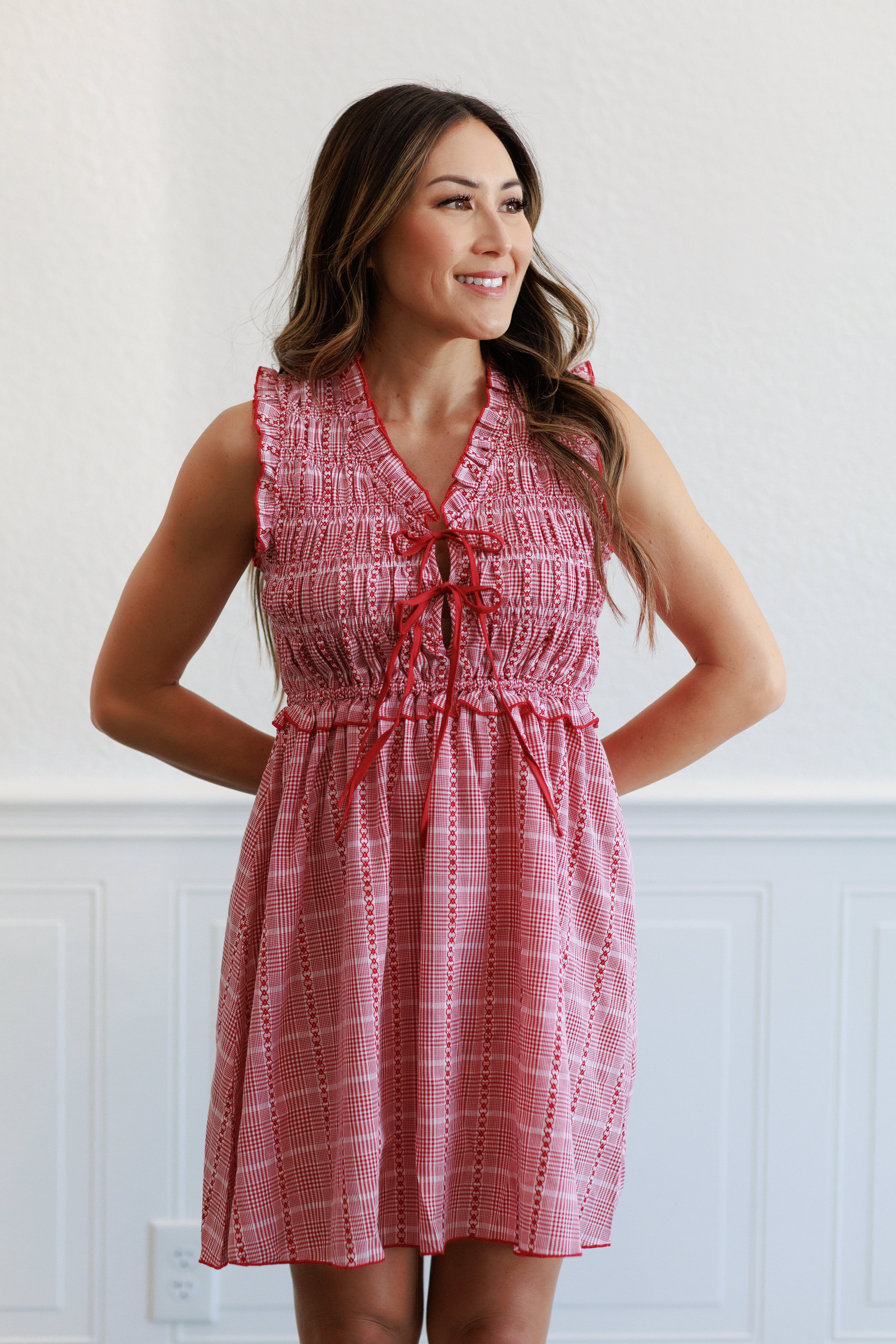 Red Plaid Ruffle Smocked Dress