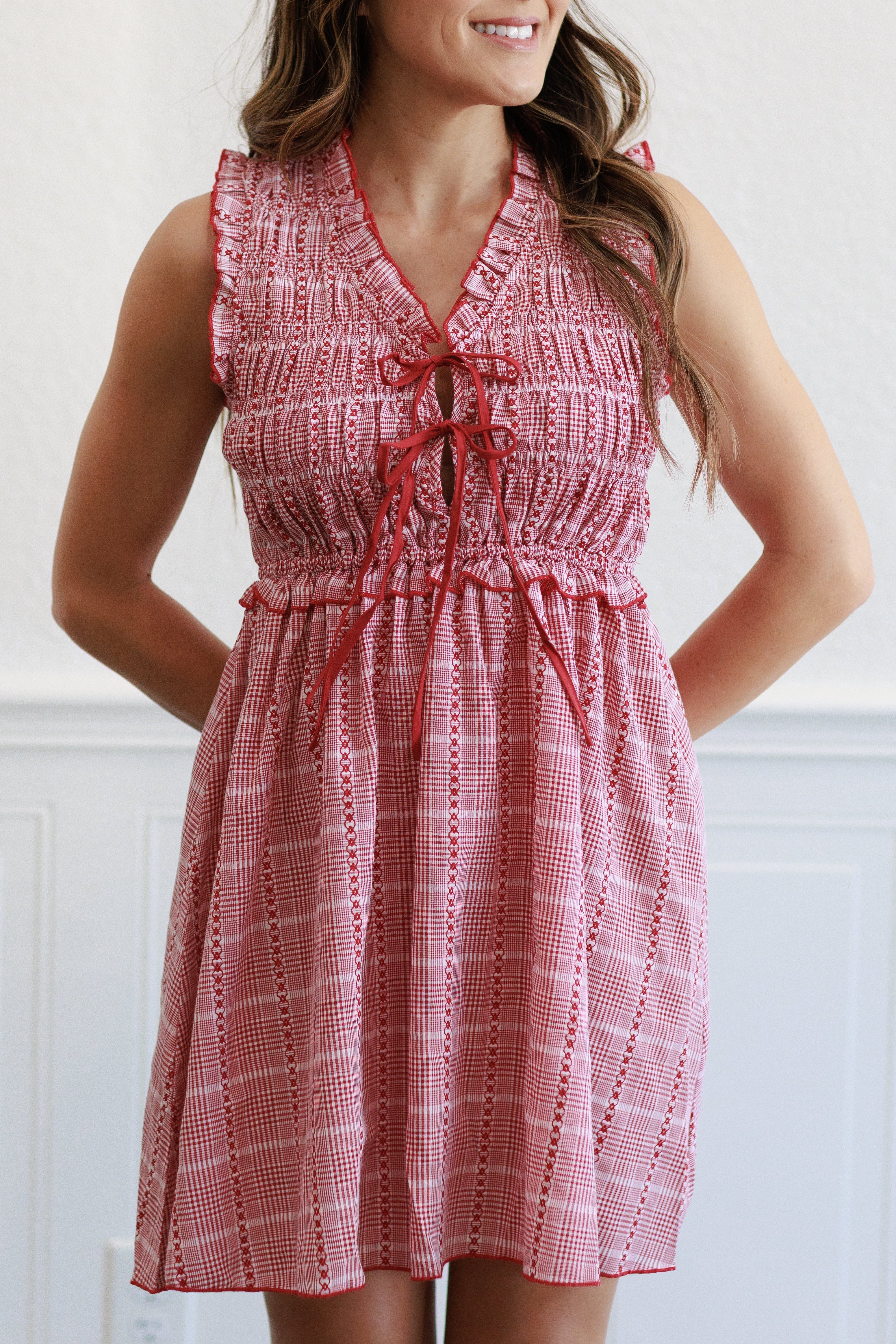 Red Plaid Ruffle Smocked Dress