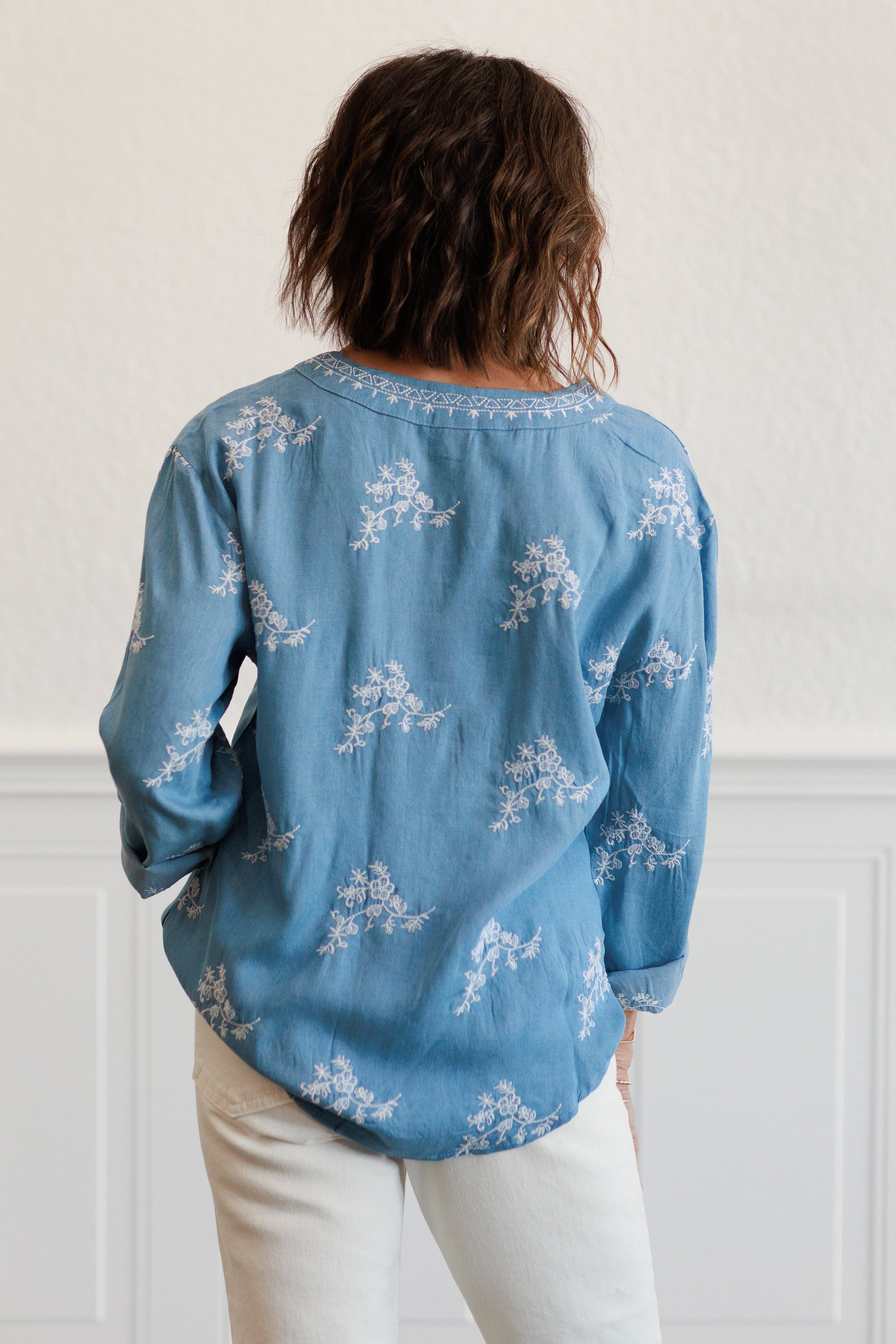 Tencel Embroidered Button Front Top