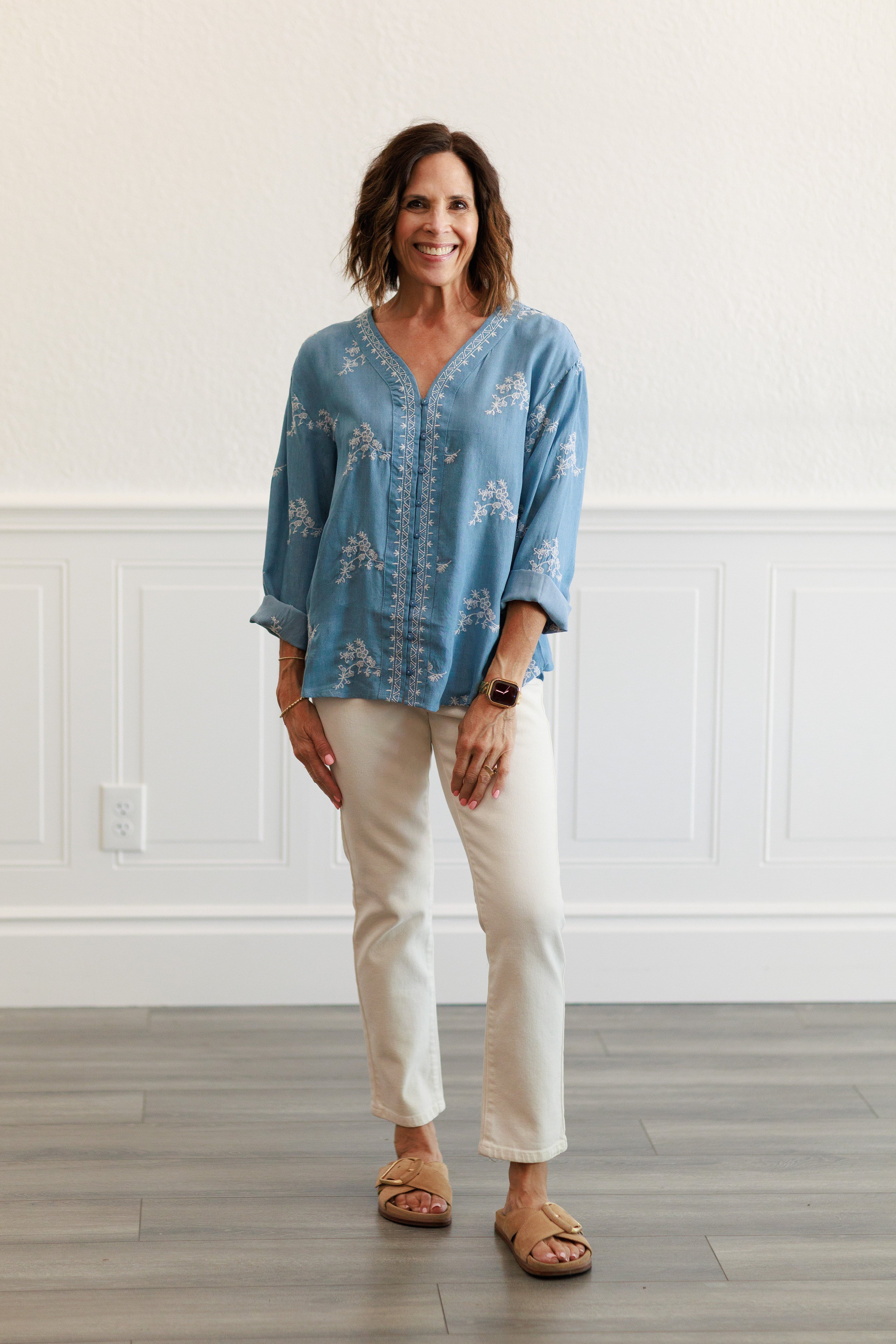 Tencel Embroidered Button Front Top