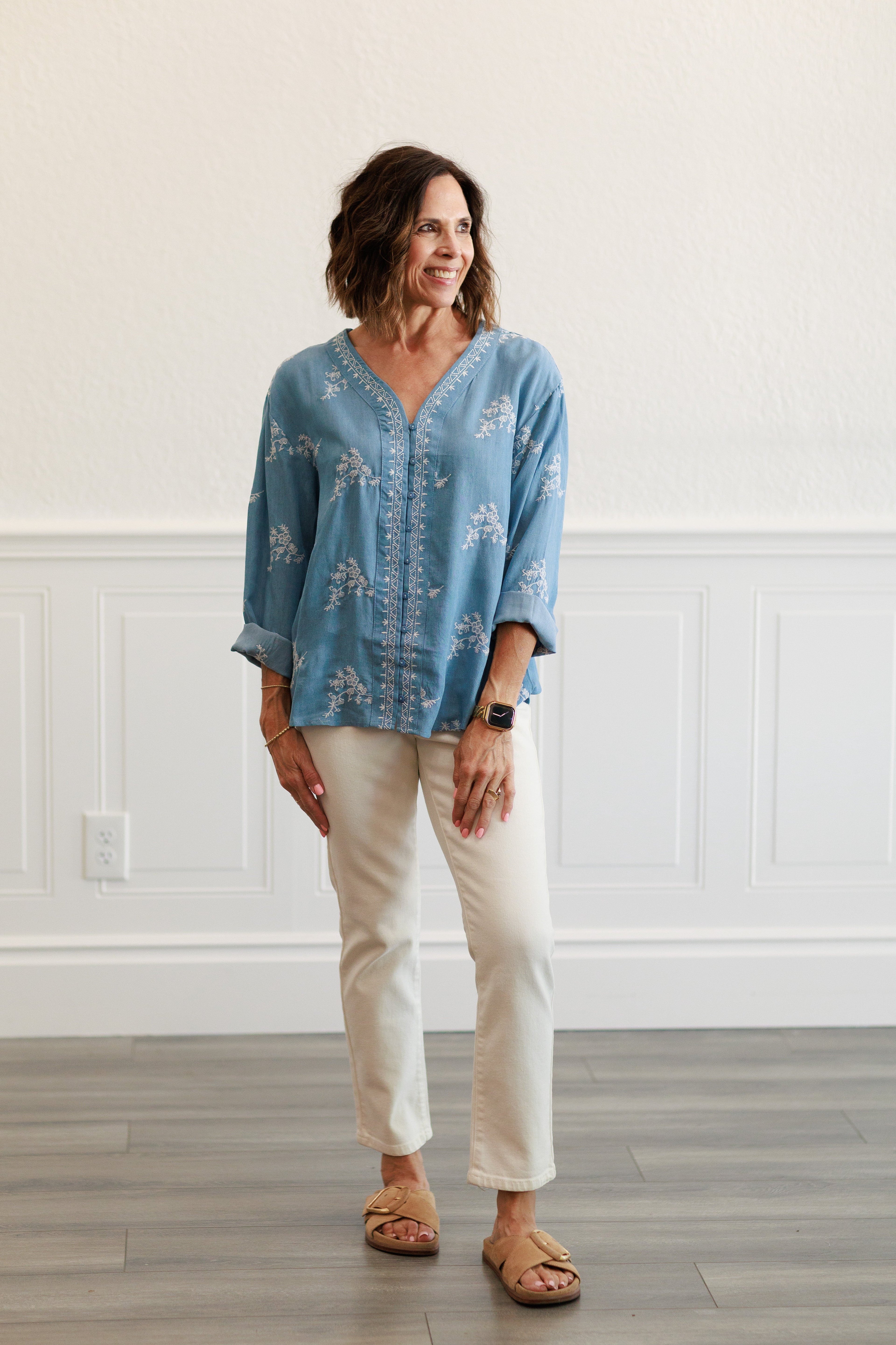Tencel Embroidered Button Front Top