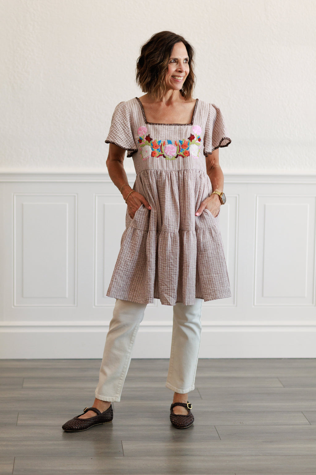 Floral Embroidery Striped Dress in Khaki