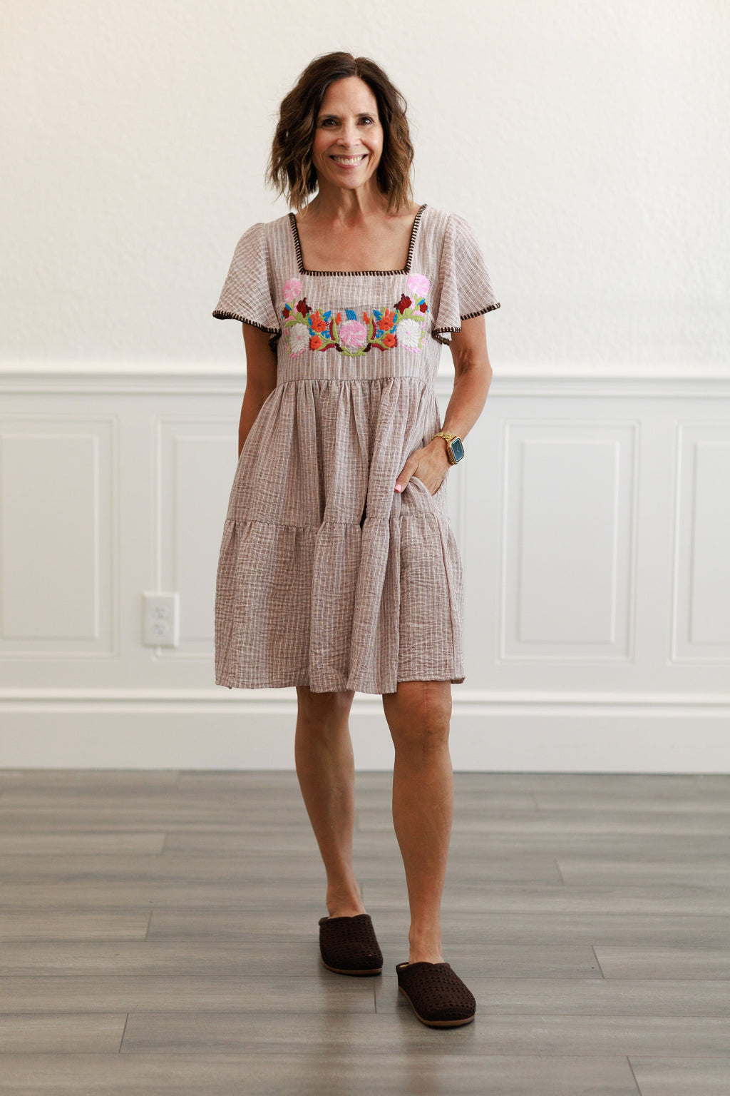 Floral Embroidery Striped Dress in Khaki