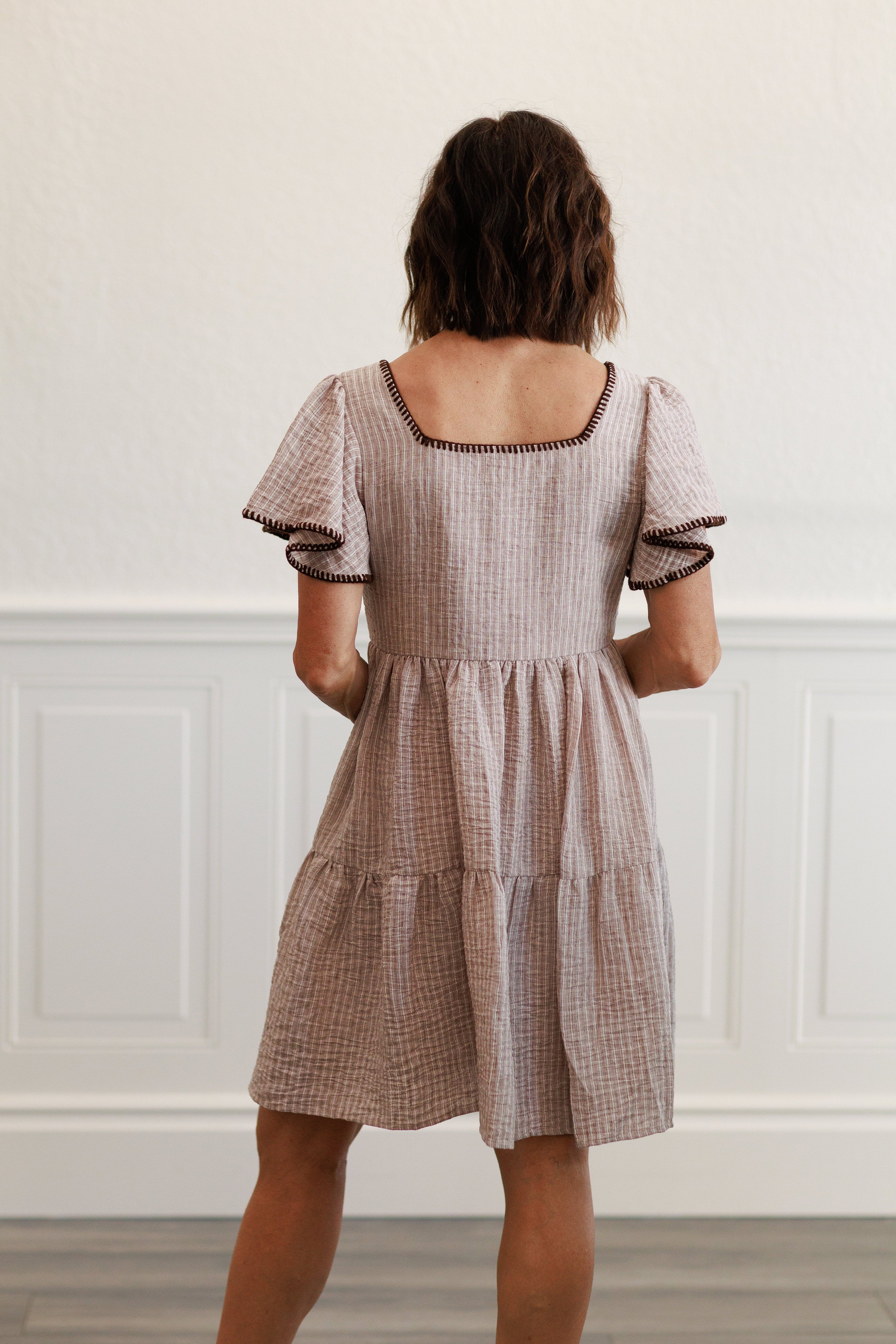 Floral Embroidery Striped Dress in Khaki