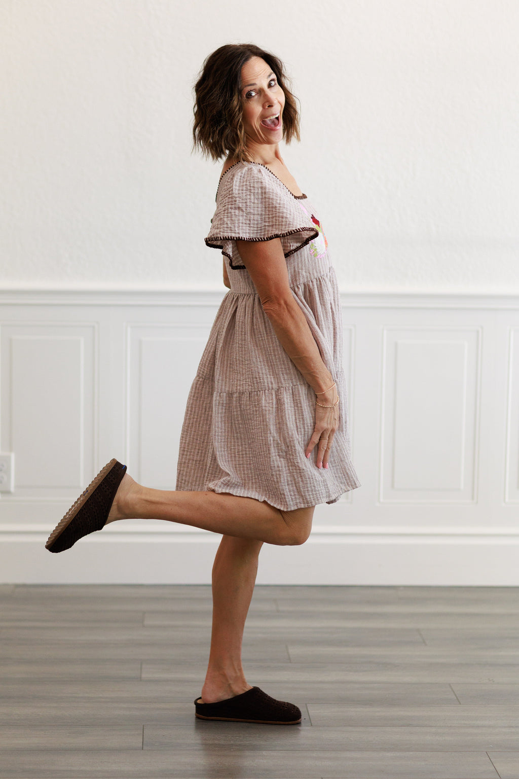 Floral Embroidery Striped Dress in Khaki