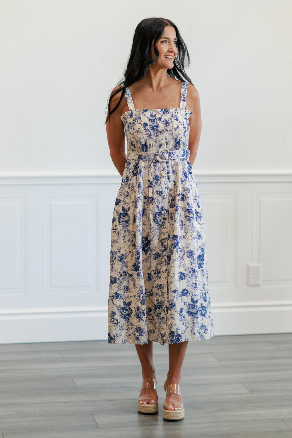 Floral Button Front Midi Dress in Navy