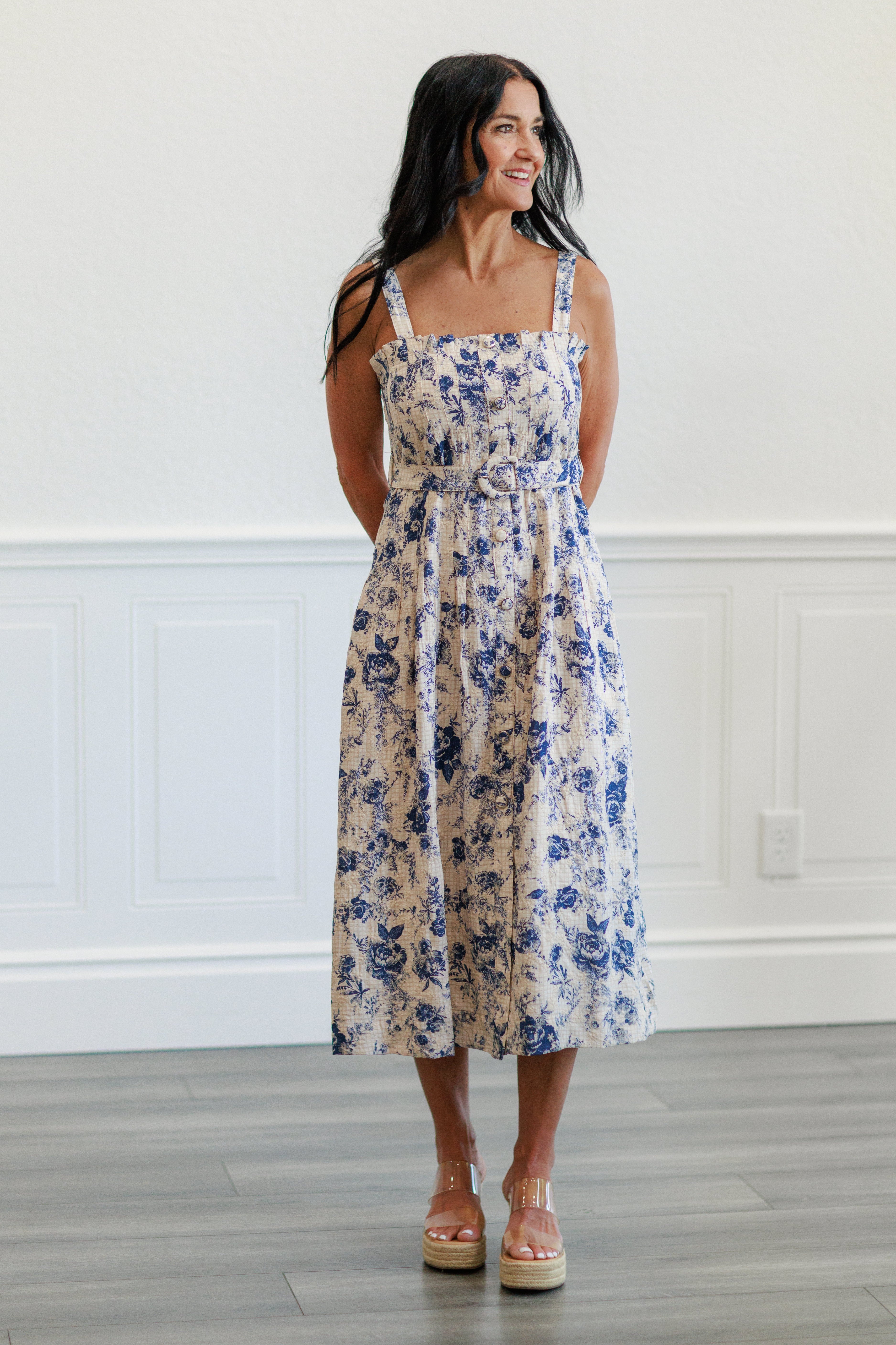 Floral Button Front Midi Dress in Navy