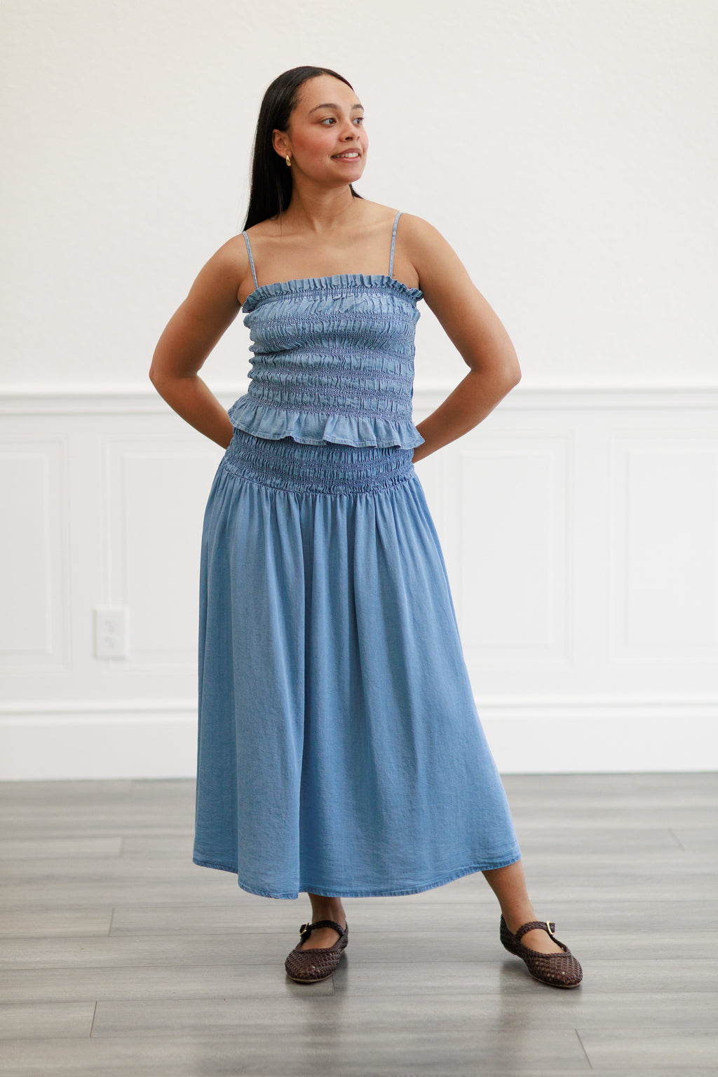 Smocked Tank Top in Light Denim